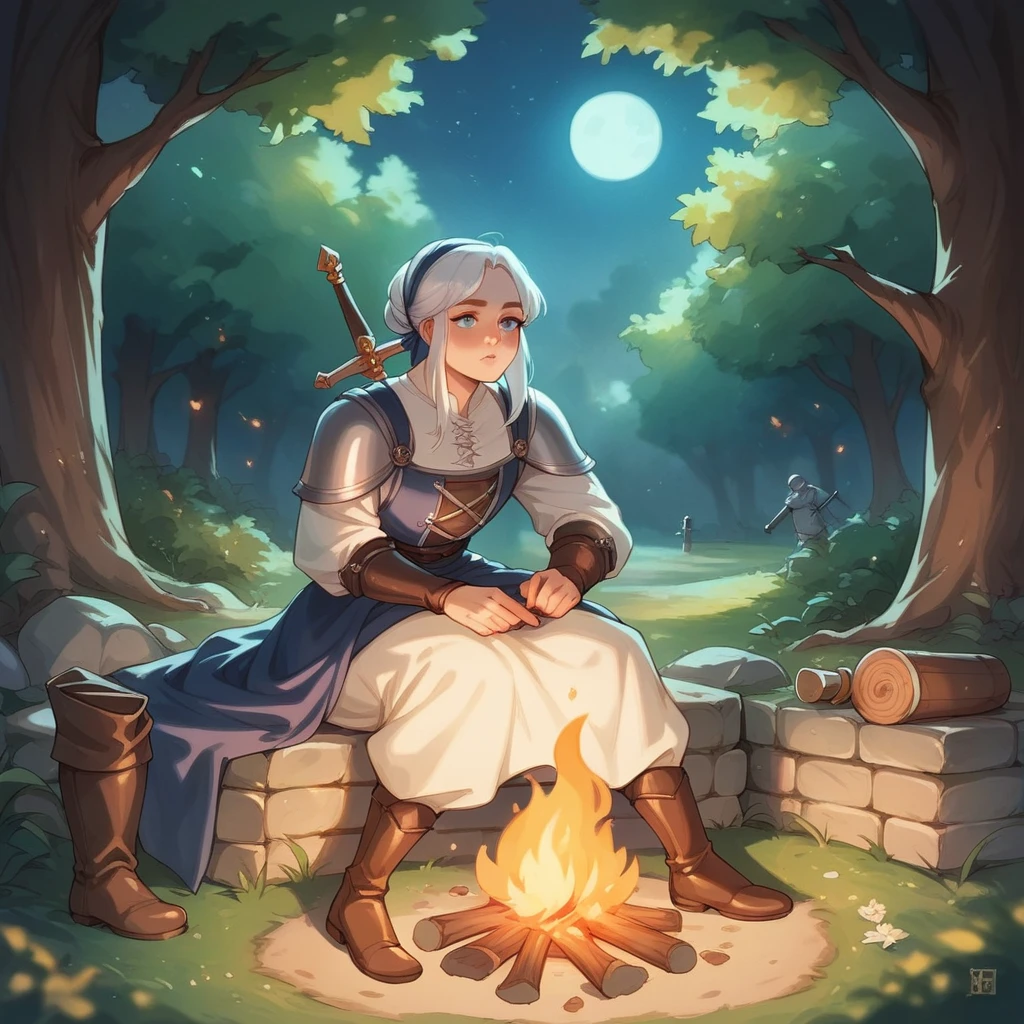 cat human body, medieval warrior, sword, magical medieval forest, Sitting on a stone, looking at a campfire, at night, moon shining