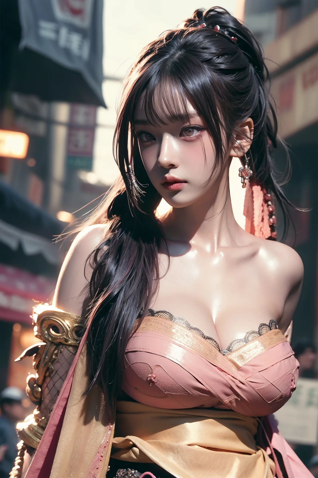 warrior goddess, otherworldly, sexy young woman with gigantic breasts, beautiful golden eyes, intense gaze, wuxia, masterpiece, smug, smirking, pale skin, asura clan, extremely voluptuous, black-pink gradient hair, long ponytail, straight bangs, blunt bangs, facial expression, black eye liner, face focus, dark eyeshadow, prominent brows, tall nose, extremely enormous breasts, narrow waist, very wide hips, thick thighs, huge ass, fantasy, bare shoulders, bandeau top, silk ancient chinese clothing, huge thighs, highly detailed face, black nails, toned, abs, 超High resolution,Textured skin, Super detailed, Detailed, high quality, 最high quality, High resolution, 8K, raytracing, extremely gorgeous, korean aesthetics