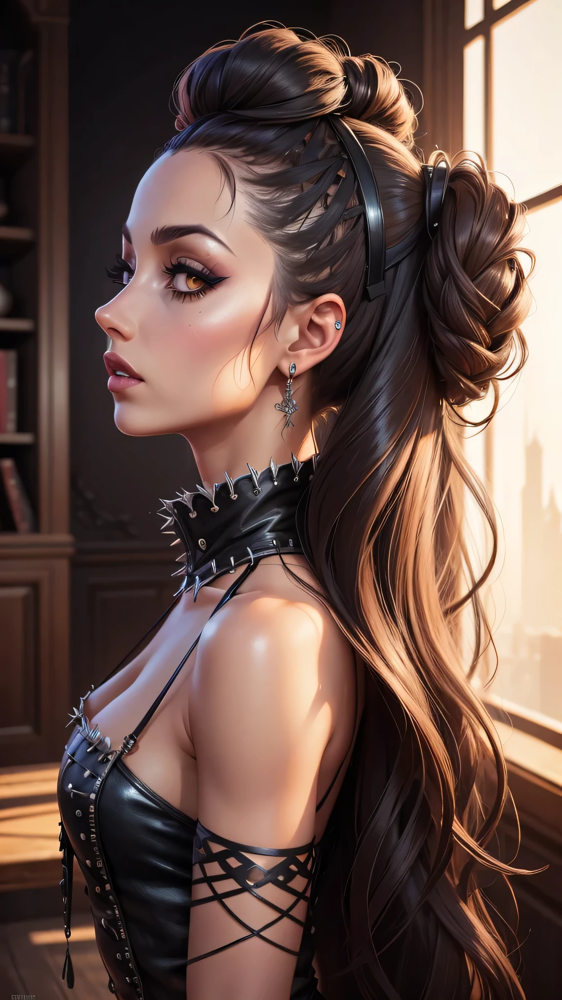 All intrincate details: "A side view illustration of Csilla, A 1 with a body identical to Priscilla Ricart with a distinctive combination of punk and gothic style. In this view, Csilla&#39;s long wavy blue hair can be seen falling to one side, showing her two braids adorned with large bows and silver flower-shaped brooches. His deep blue eyes are visible from the side, keeping a serene and melancholic look. She is wearing a white blouse with lace and sheer details., with a wide V-neckline adorned with a black cross. Her black miniskirt with a decorative belt, which includes pendants such as a crescent moon shaped amulet, It is also visible from the side. Csilla&#39;s legs show a black fishnet stocking on one leg and a white bandage with a black cross on the other.. She is wearing black fingerless gloves, with one of them featuring a mesh design, and black shoes with buckles, combined with white socks with ruffles. The background is a futuristic cityscape, but the focus is on Csilla&#39;s side profile, capturing its unique and detailed appearance, ((50% nude))"