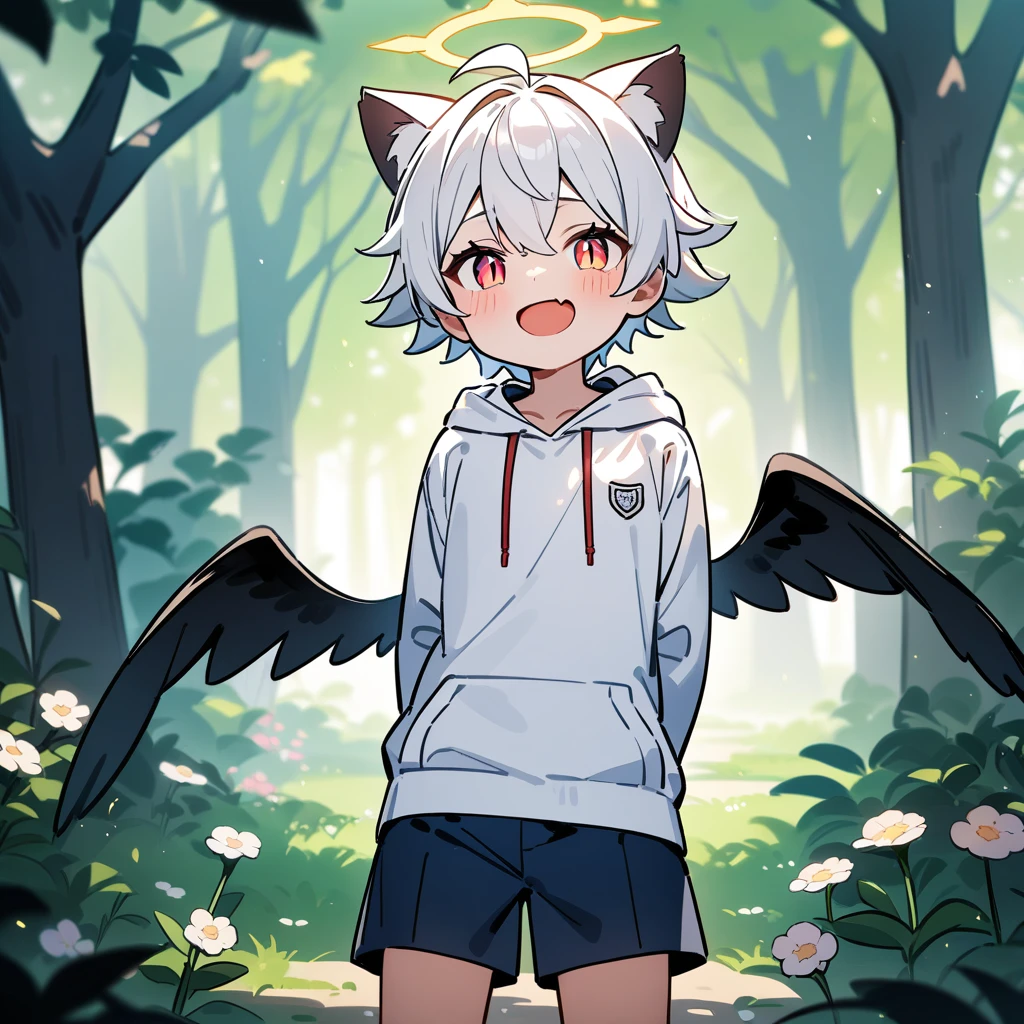 （masterpiece：1.2，high quality），8K，High resolution，A seven-year-old boy，cute boy，white hair，short hair，light red eyes，slit pupils， ahoge，cat ears，laughing，skin fang，Halo，It has black wings on the back，Wearing a white hoodie，Dark blue shorts，Stand in the forest，There are flowering trees on both sides.，primary school student，thigh，alone，((Hands behind your back))