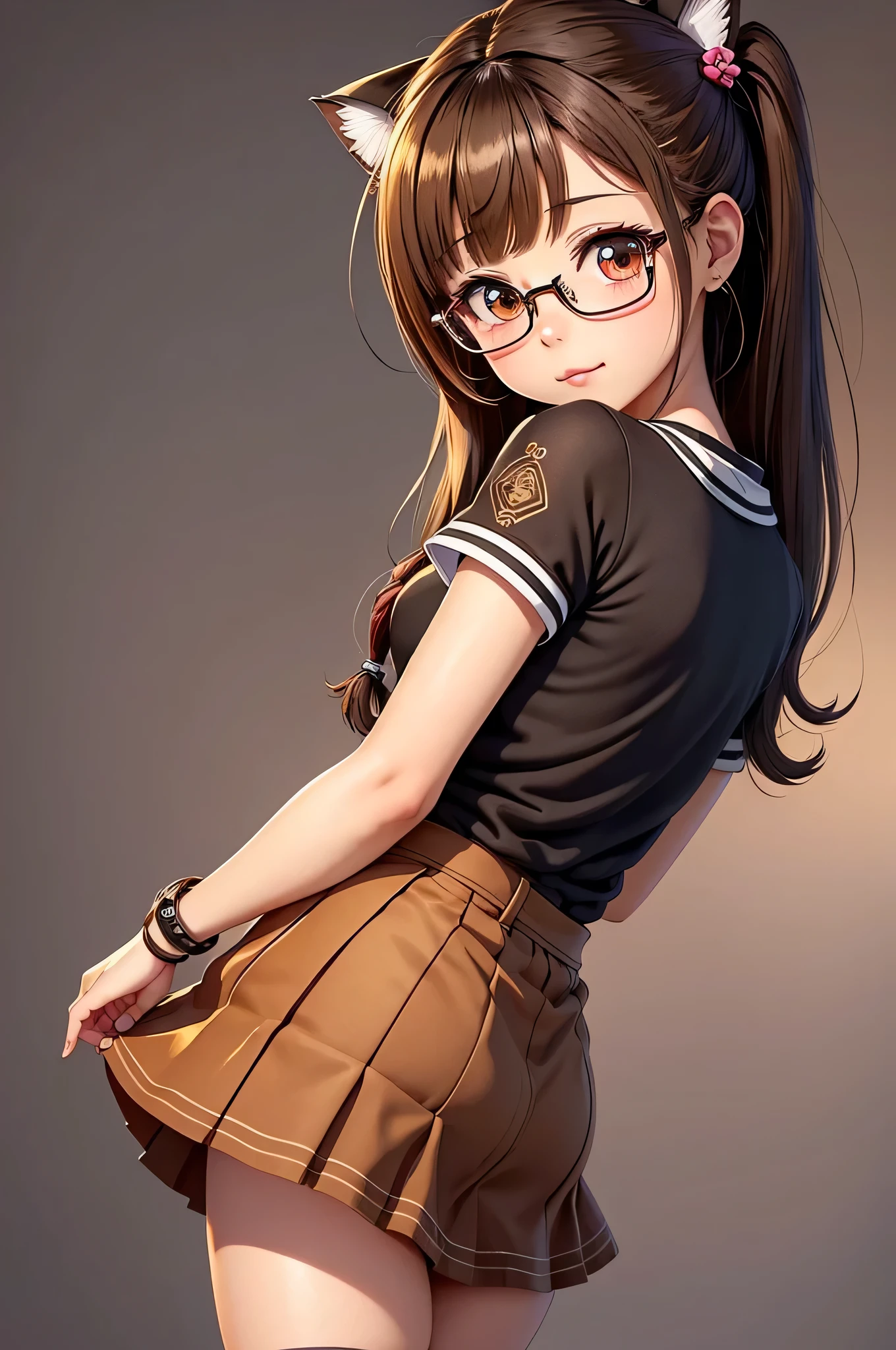 All intricate details, anatomia perfecta, cartoon style girl, 1 girl view, pretty, alone, hapy pose, skirt, brown hair, uwu, Hair ornament: ((cute chibi yarn cat))), chibi, virtual vtuber, brown hair, hair orn, cat smile, :3ament,HayaseNagatoro,nagatoro hayase, hair ornament, brown eyes, hairclip, tanned skin, black hair, random angle