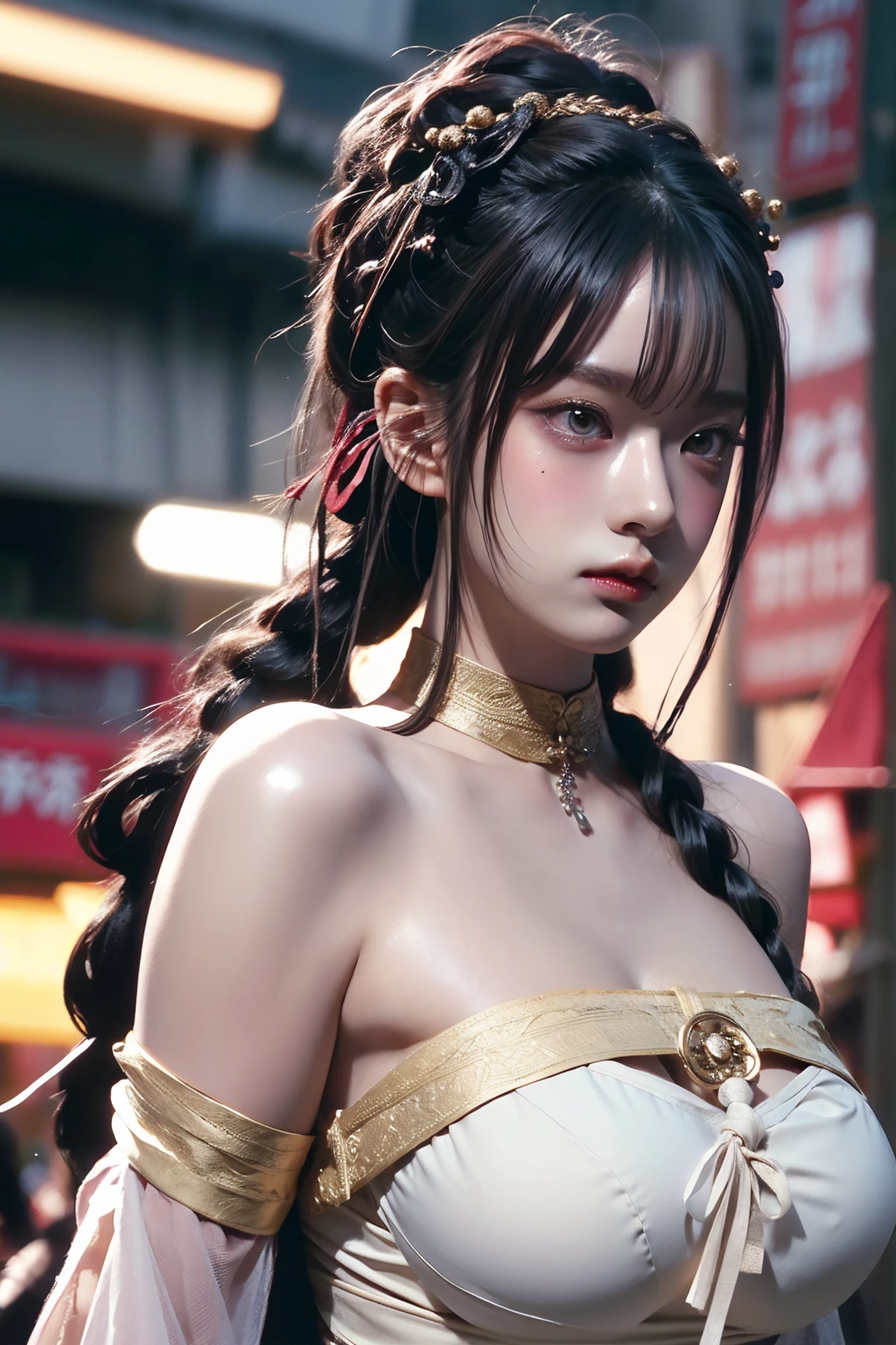 warrior goddess, otherworldly, sexy young woman with gigantic breasts, beautiful golden eyes, intense gaze, wuxia, masterpiece, smug, smirking, pale skin, asura clan, extremely voluptuous, black-pink gradient hair, long ponytail, straight bangs, blunt bangs, facial expression, black eye liner, face focus, dark eyeshadow, prominent brows, tall nose, extremely enormous breasts, narrow waist, very wide hips, thick thighs, huge ass, fantasy, bare shoulders, bandeau top, silk ancient chinese clothing, huge thighs, highly detailed face, black nails, toned, abs, 超High resolution,Textured skin, Super detailed, Detailed, high quality, 最high quality, High resolution, 8K, raytracing, extremely gorgeous, korean aesthetics