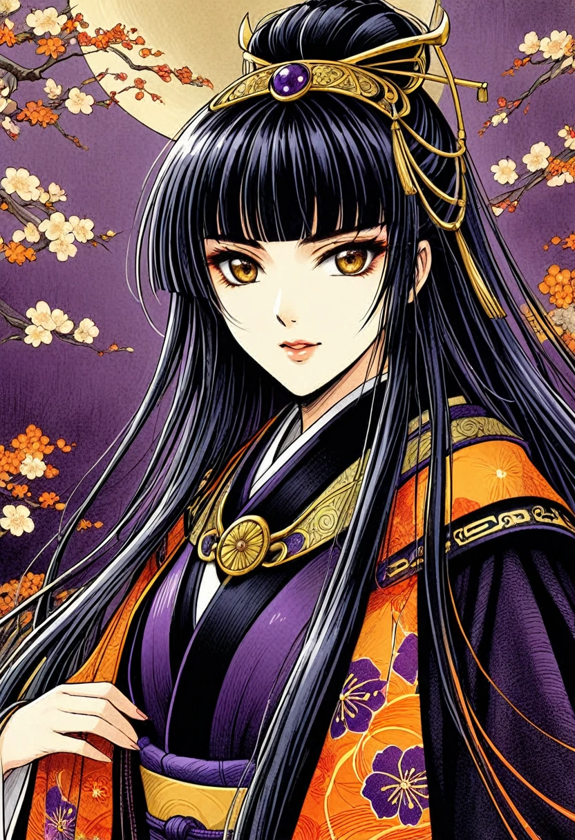 A beautiful  very Japanese lady from Heian Periond in Japanese Heian layered robes with long flowing long night dark purplish black hair and light  gold amber brown eyes.