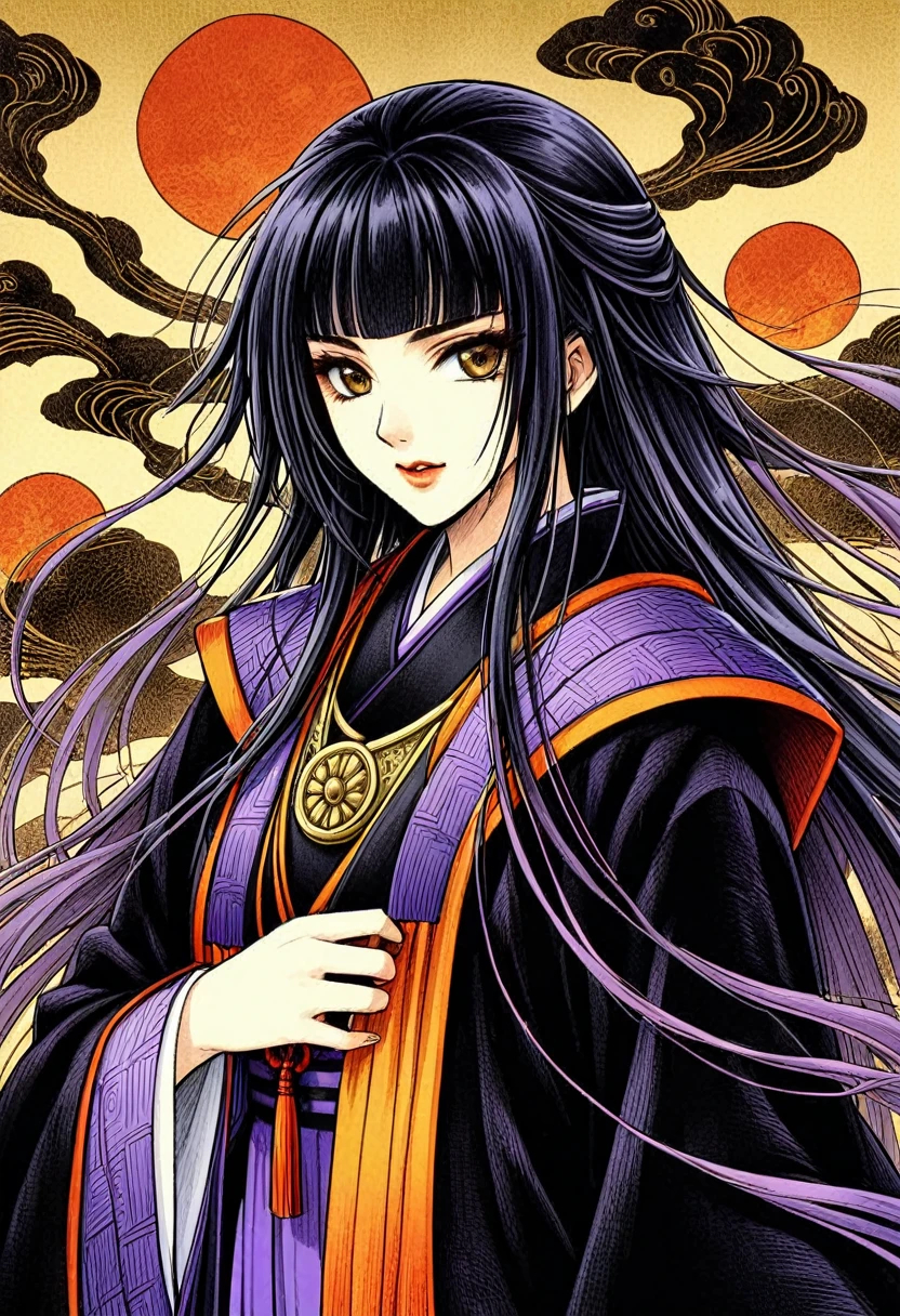 A beautiful  very Japanese lady from Heian Periond in Japanese Heian layered robes with long flowing long night dark purplish black hair and light  gold amber brown eyes.