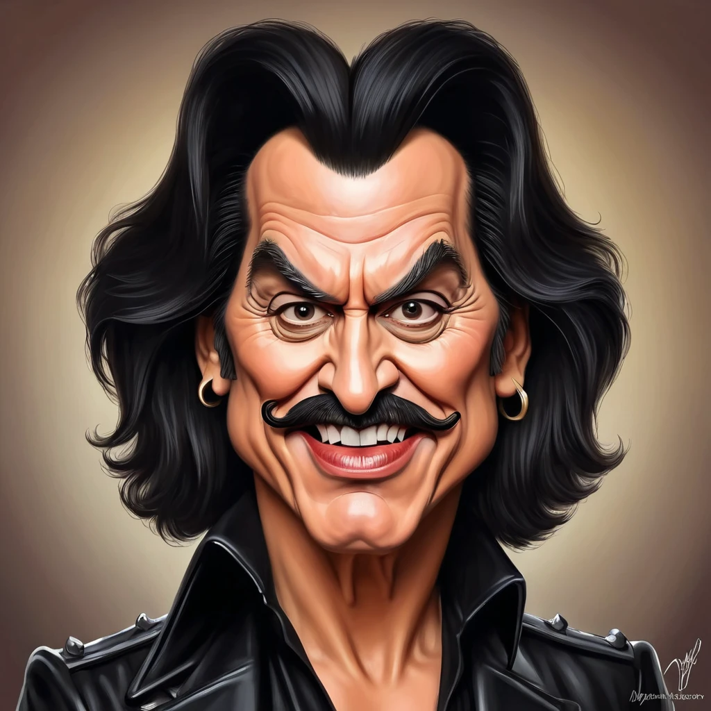 uma pintura de um homem com um bigode e um bigode na cabeça, Gene Simmons banda Kiss portrait, portrait of Johnny Deep, Johnny Deep, caricatura style, jim carrey caricatura realism, arte digital. @mariomaniacdude, caricatura, caricatura illustration, ilustração de retrato épico, por Darek Zabrocki, pintura digital de desenho animado, arte de pintura digital dos desenhos animados, desenhado com photoshop