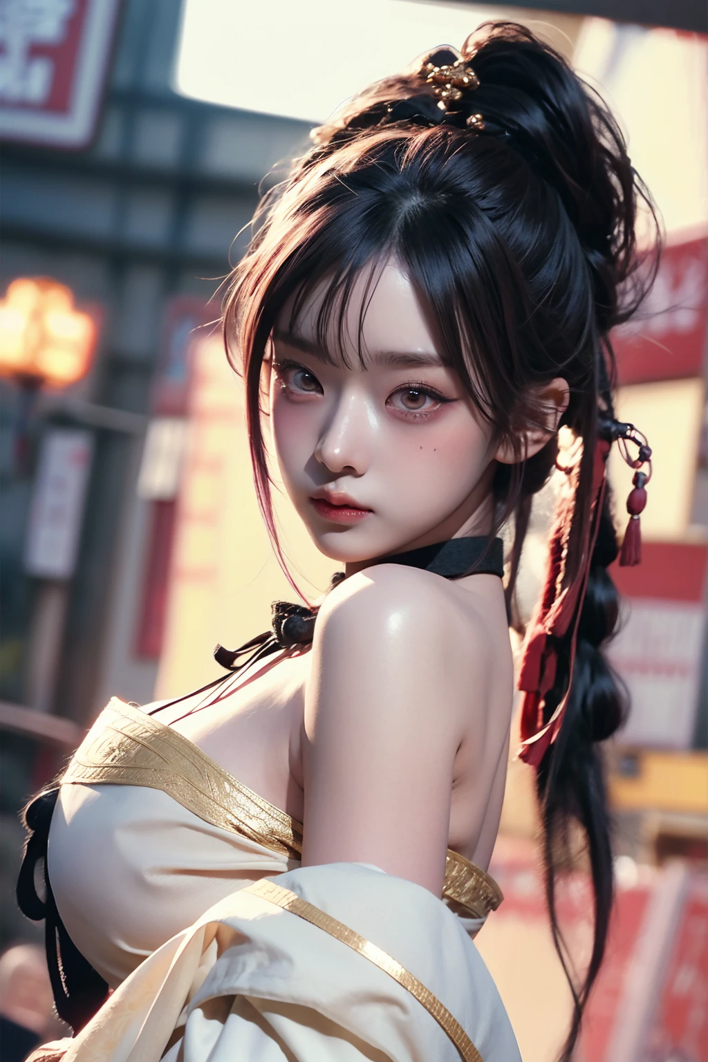 warrior goddess, otherworldly, sexy young woman with gigantic breasts, beautiful golden eyes, intense gaze, wuxia, masterpiece, smug, smirking, pale skin, asura clan, extremely voluptuous, black-pink gradient hair, long ponytail, straight bangs, blunt bangs, facial expression, black eye liner, face focus, dark eyeshadow, prominent brows, tall nose, extremely enormous breasts, narrow waist, very wide hips, thick thighs, huge ass, fantasy, bare shoulders, bandeau top, silk ancient chinese clothing, huge thighs, highly detailed face, black nails, toned, abs, 超High resolution,Textured skin, Super detailed, Detailed, high quality, 最high quality, High resolution, 8K, raytracing, extremely gorgeous, korean aesthetics