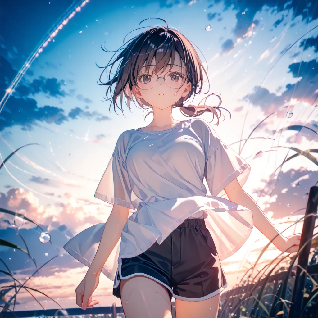 (by mitsumi misato:0.7),(by carnelian:0.3),(by kantoku:0.3), best quality, masterpiece, ,break,1girl, tomboy, glasses, short hair, low ponytail, medium breasts, black eyes,  beautiful detailed eyes,shorts, sweat, sleepily, outdoors, wind, (Detailed background), (Detailed Lighting),,break,(clear line illustration:1.2), super detailed skin,very high resolution, very aesthetic, 4k, 8k, cute picture,beauty illustration,,(Detailed Lighting),best anime 8k konachan wallpaper, pixiv contest winner,