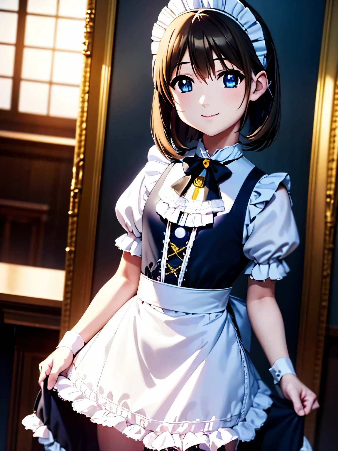 masterpiece, Highest quality, One person, Shooting from the front、Standing、(Anime illustration style:1.5) 、yagami hayate,indoor、Standing,Hair Ribbon,hair ornaments,Closed Mouth、smile、shirt、White maid outfit、(victorian maid outfit:1.5)、Bright blue eyes、Beautiful Eyes, Sharp pupils、(Genuine、Realistic、Realistic)、High resolution、超High resolution