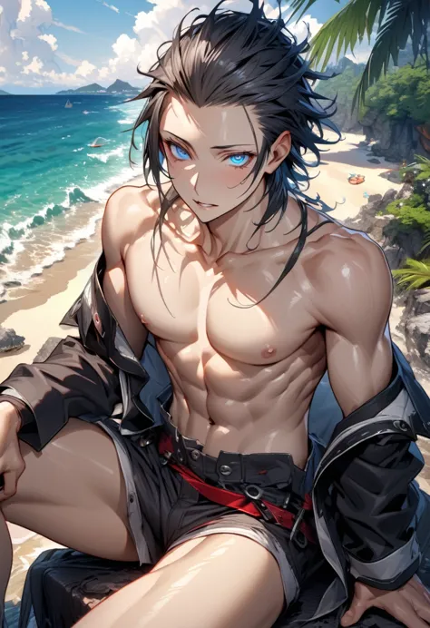 absurdres, highres, ultra detailed, HDR, masterpiece, extremely detailed, detailed eyes, Mochizuki Ryouji, black hair, hair slicked back, ruffled hair, expressive blue eyes, Persona 3, solo, sexy man, sitting, sensual, adult face, handsome, horny, toned chest, bare chest, without shirt, island, beach, sea, seashells