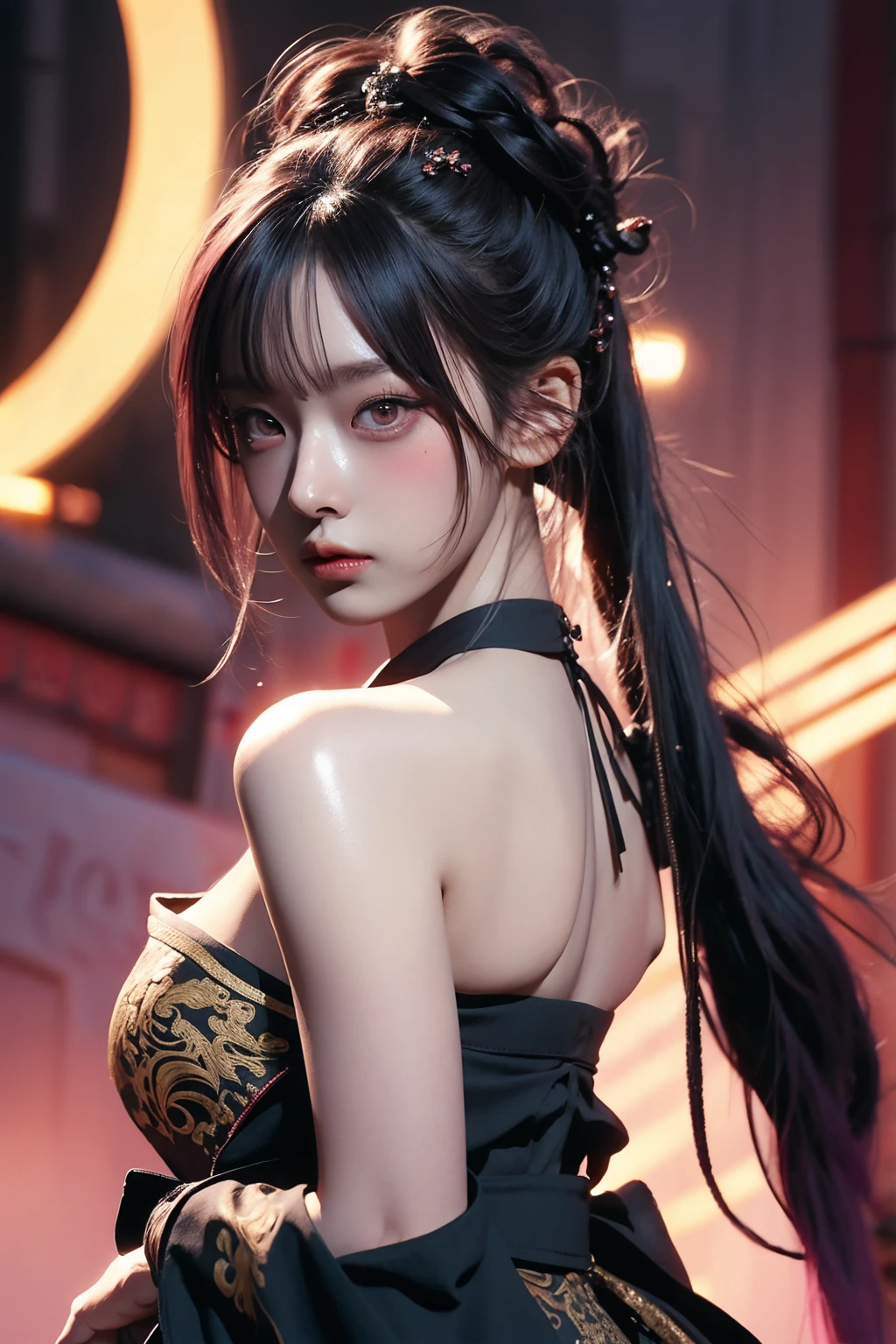 warrior goddess, otherworldly, sexy young woman with gigantic breasts, beautiful golden eyes, intense gaze, wuxia, masterpiece, smug, smirking, pale skin, asura clan, extremely voluptuous, black-pink gradient hair, long ponytail, straight bangs, blunt bangs, facial expression, black eye liner, face focus, dark eyeshadow, prominent brows, tall nose, extremely enormous breasts, narrow waist, very wide hips, thick thighs, huge ass, fantasy, bare shoulders, bandeau top, silk ancient chinese clothing, huge thighs, highly detailed face, black nails, toned, abs, 超High resolution,Textured skin, Super detailed, Detailed, high quality, 最high quality, High resolution, 8K, raytracing, extremely gorgeous, korean aesthetics