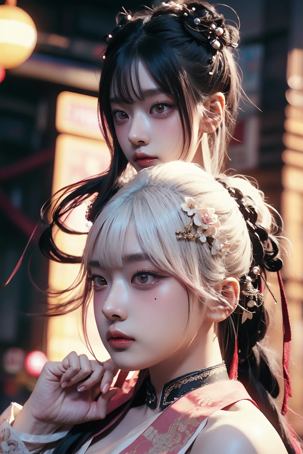 warrior goddess, otherworldly, sexy young woman with gigantic breasts, beautiful golden eyes, intense gaze, wuxia, masterpiece, smug, smirking, pale skin, asura clan, extremely voluptuous, black-pink gradient hair, long ponytail, straight bangs, blunt bangs, facial expression, black eye liner, face focus, dark eyeshadow, prominent brows, tall nose, extremely enormous breasts, narrow waist, very wide hips, thick thighs, huge ass, fantasy, bare shoulders, bandeau top, silk ancient chinese clothing, huge thighs, highly detailed face, black nails, toned, abs, 超High resolution,Textured skin, Super detailed, Detailed, high quality, 最high quality, High resolution, 8K, raytracing, extremely gorgeous, korean aesthetics