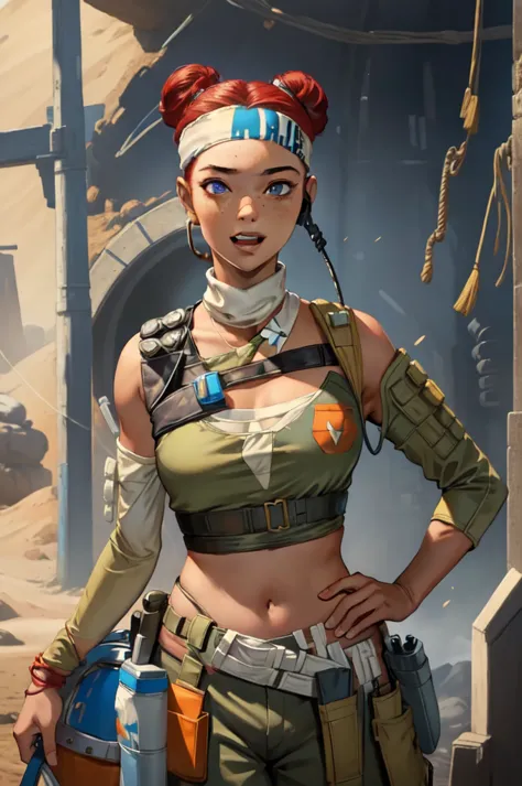 (masterpiece:1.4), (highest quality:1.2), lifeline \(apex legends\), one girl, white skin woman, crop top, removable sleeves, he...