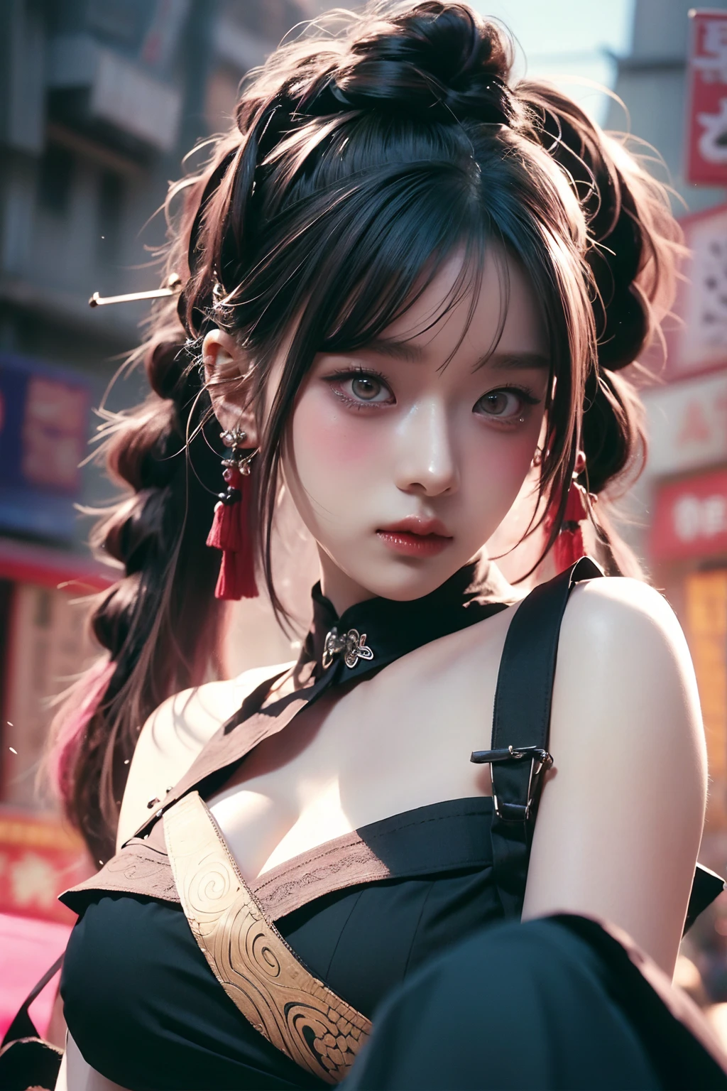 warrior goddess, otherworldly, sexy young woman with gigantic breasts, beautiful golden eyes, intense gaze, wuxia, masterpiece, smug, smirking, pale skin, asura clan, extremely voluptuous, black-pink gradient hair, long ponytail, straight bangs, blunt bangs, facial expression, black eye liner, face focus, dark eyeshadow, prominent brows, tall nose, extremely enormous breasts, narrow waist, very wide hips, thick thighs, huge ass, fantasy, bare shoulders, bandeau top, silk ancient chinese clothing, huge thighs, highly detailed face, black nails, toned, abs, 超High resolution,Textured skin, Super detailed, Detailed, high quality, 最high quality, High resolution, 8K, raytracing, extremely gorgeous, korean aesthetics