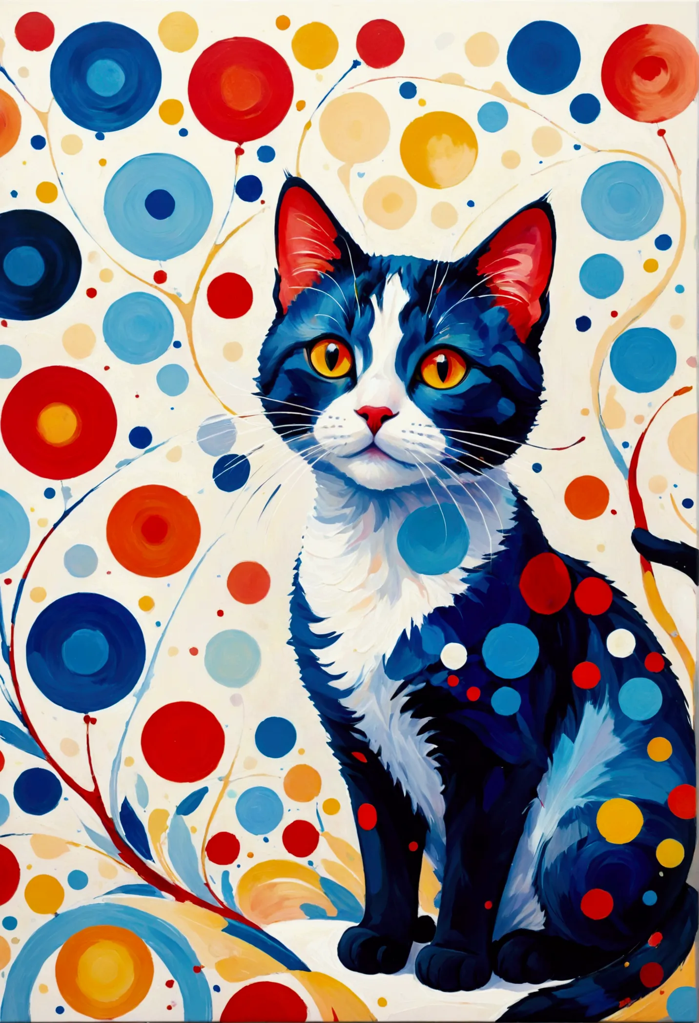 colorful abstract painting of cat，an array of colorful circles featuring vibrant blue hues, , and red. circles of various sizes ...