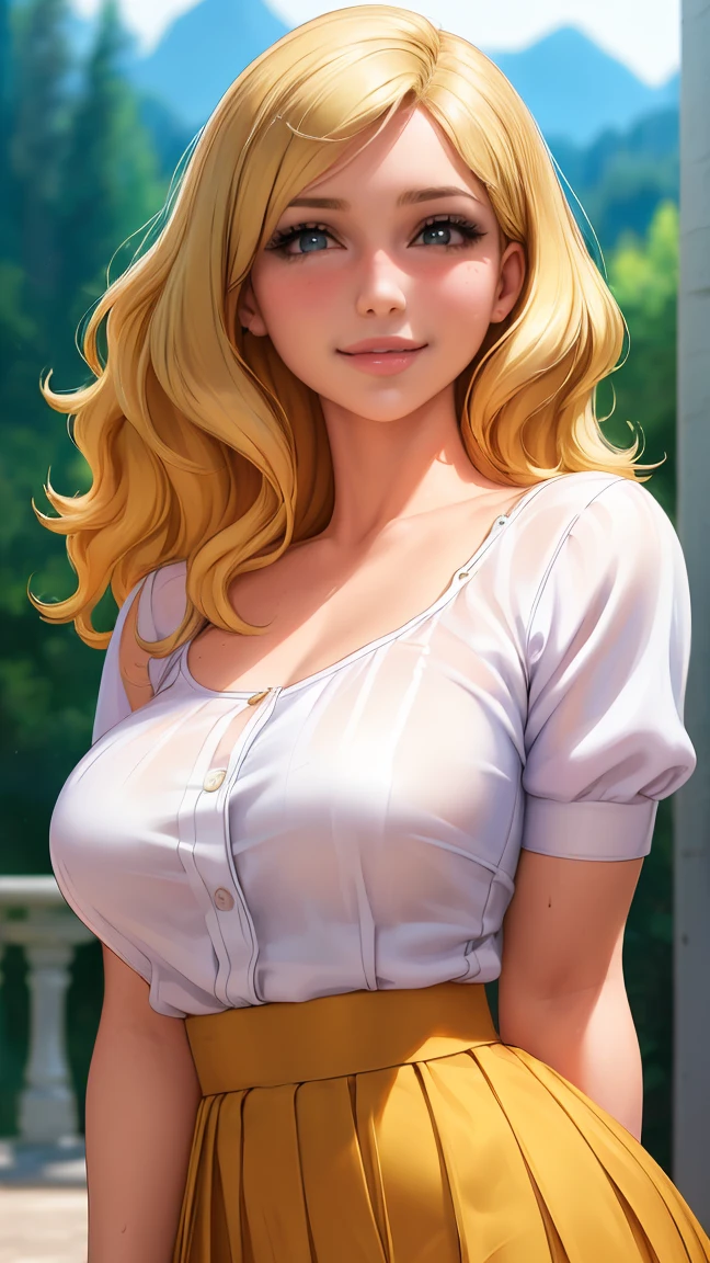 (best quality, ultra-detailed, photorealistic: 1.39), bright and vibrant colors, studio lighting, romantic expression, big breasts, pink lips, shy smile, just a blonde girl in a strap blouse, beautiful pleated skirt, wavy skirt