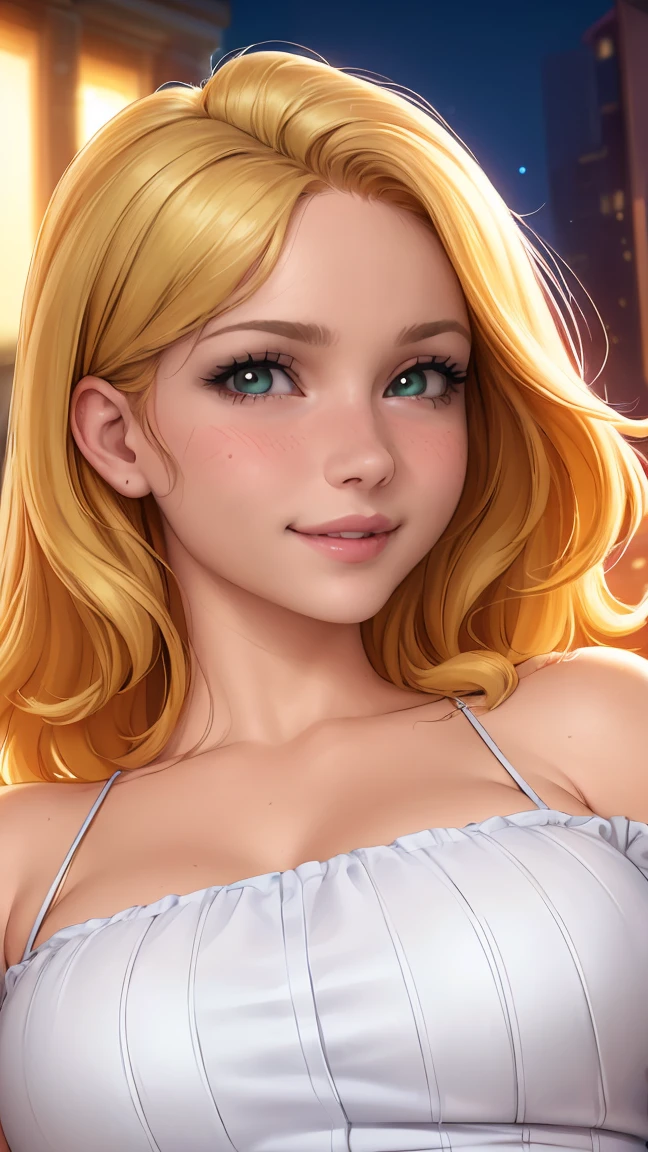 (best quality, ultra-detailed, photorealistic: 1.39), bright and vibrant colors, studio lighting, romantic expression, big breasts, pink lips, shy smile, just a blonde girl in a strap blouse, beautiful pleated skirt, wavy skirt