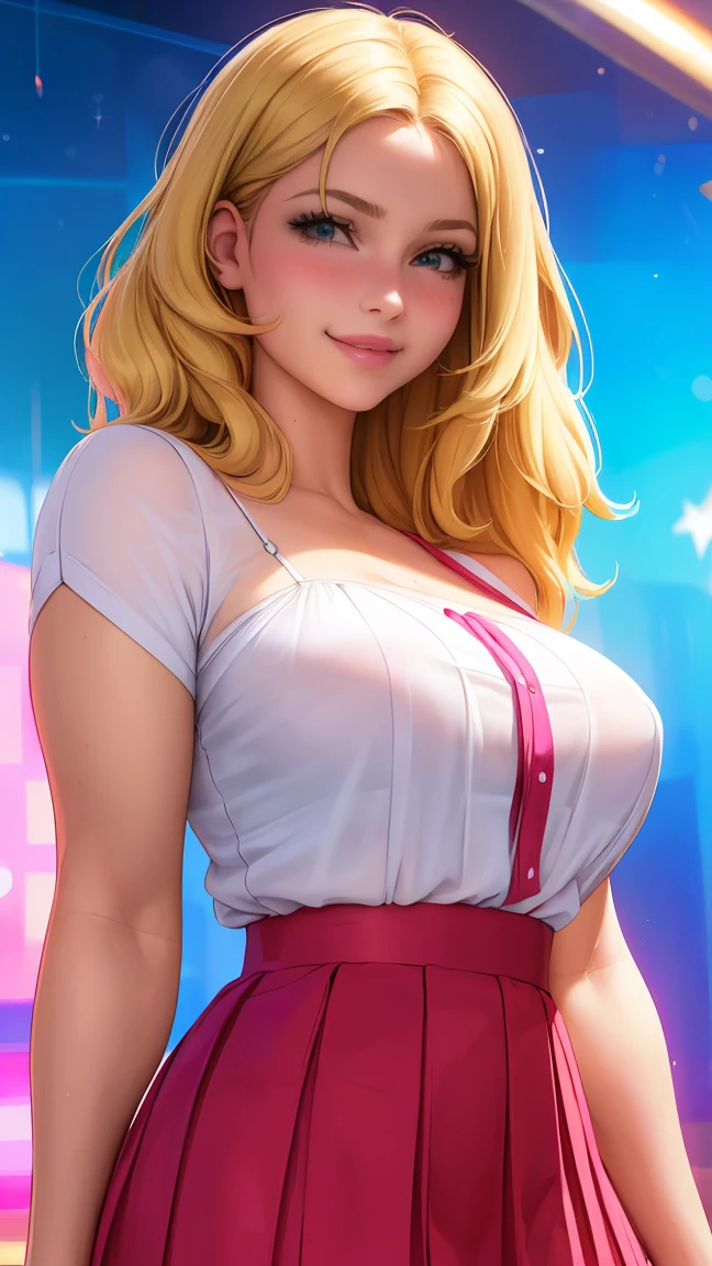 (best quality, ultra-detailed, photorealistic: 1.39), bright and vibrant colors, studio lighting, romantic expression, big breasts, pink lips, shy smile, just a blonde girl in a strap blouse, beautiful pleated skirt, wavy skirt