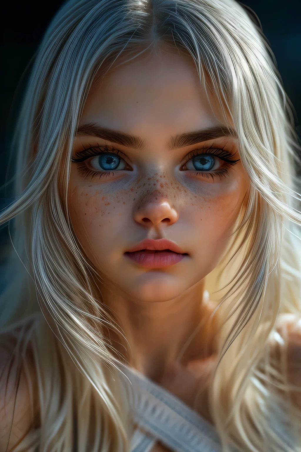 very beautiful woman, perfect face, long white hair, small sharp face, perfect big blue eyes, thin arched eyebrows, very thick and long eyelashes, close up face, freckles, small nose, black winged eyeliner, front view, looking at viewer, super white skin, russian soft small features, in the beach