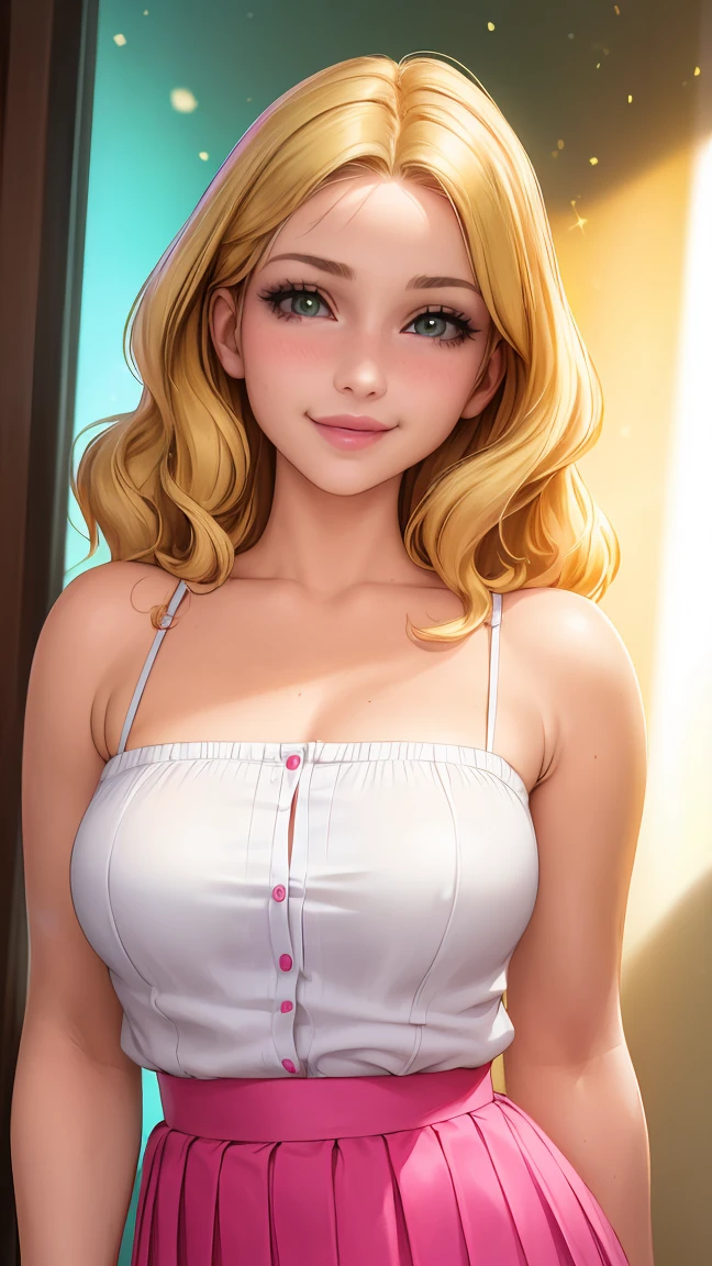 (best quality, ultra-detailed, photorealistic: 1.39), bright and vibrant colors, studio lighting, romantic expression, big breasts, pink lips, shy smile, just a blonde girl in a strap blouse, beautiful pleated skirt, wavy skirt