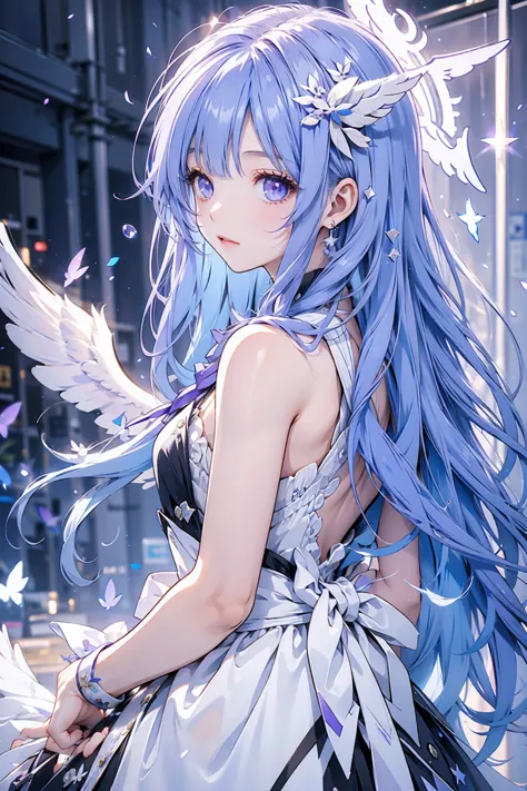 ("long blue hair"),purple and white school uniform,angel halo,purple eyes,light wings on one side,wizard,rainbow light