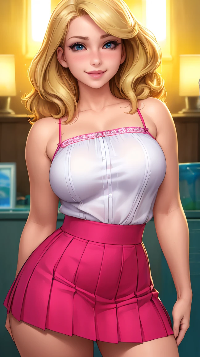 (best quality, ultra-detailed, photorealistic: 1.39), bright and vibrant colors, studio lighting, romantic expression, big breasts, pink lips, shy smile, just a blonde girl in a strap blouse, beautiful pleated skirt, wavy skirt