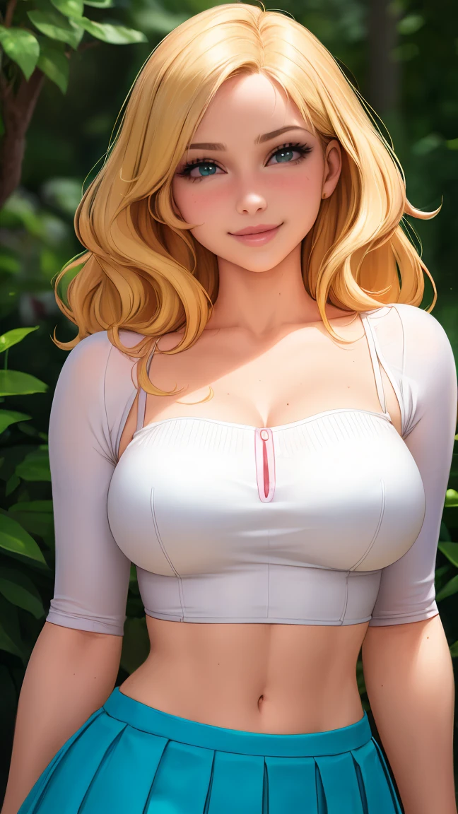 (best quality, ultra-detailed, photorealistic: 1.39), bright and vibrant colors, studio lighting, romantic expression, big breasts, pink lips, shy smile, just a blonde girl in a strap blouse, beautiful pleated skirt, wavy skirt