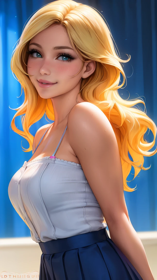 (best quality, ultra-detailed, photorealistic: 1.39), bright and vibrant colors, studio lighting, romantic expression, big breasts, pink lips, shy smile, just a blonde girl in a strap blouse, beautiful pleated skirt, wavy skirt