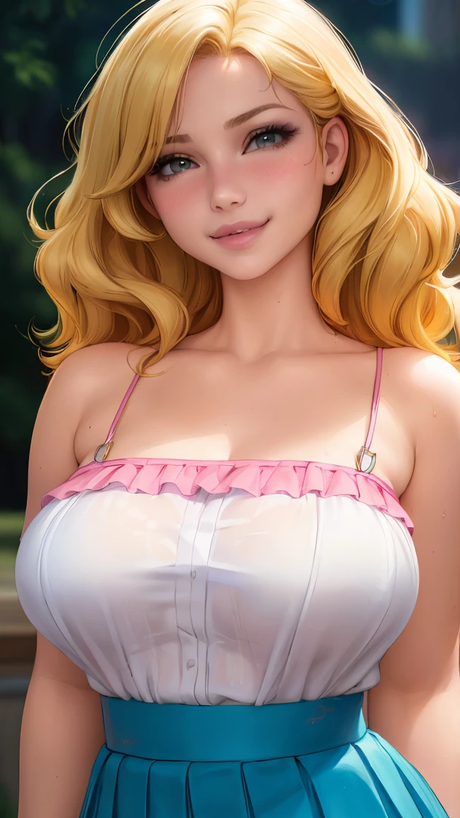 (best quality, ultra-detailed, photorealistic: 1.39), bright and vibrant colors, studio lighting, romantic expression, big breasts, pink lips, shy smile, just a blonde girl in a strap blouse, beautiful pleated skirt, wavy skirt