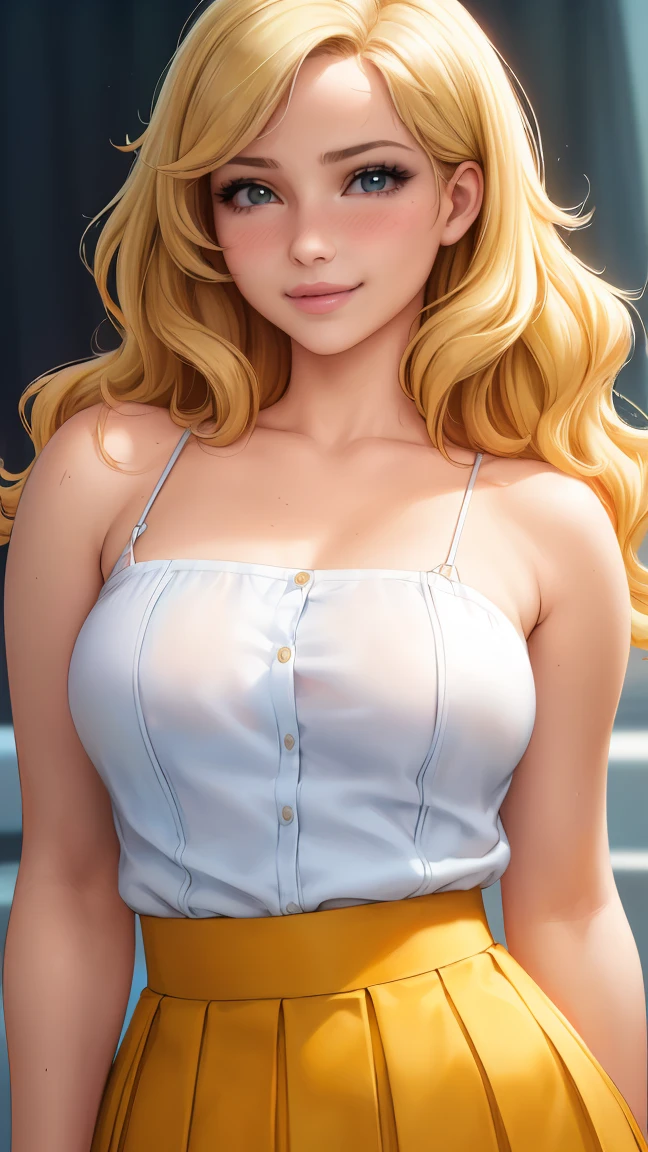 (best quality, ultra-detailed, photorealistic: 1.39), bright and vibrant colors, studio lighting, romantic expression, big breasts, pink lips, shy smile, just a blonde girl in a strap blouse, beautiful pleated skirt, wavy skirt