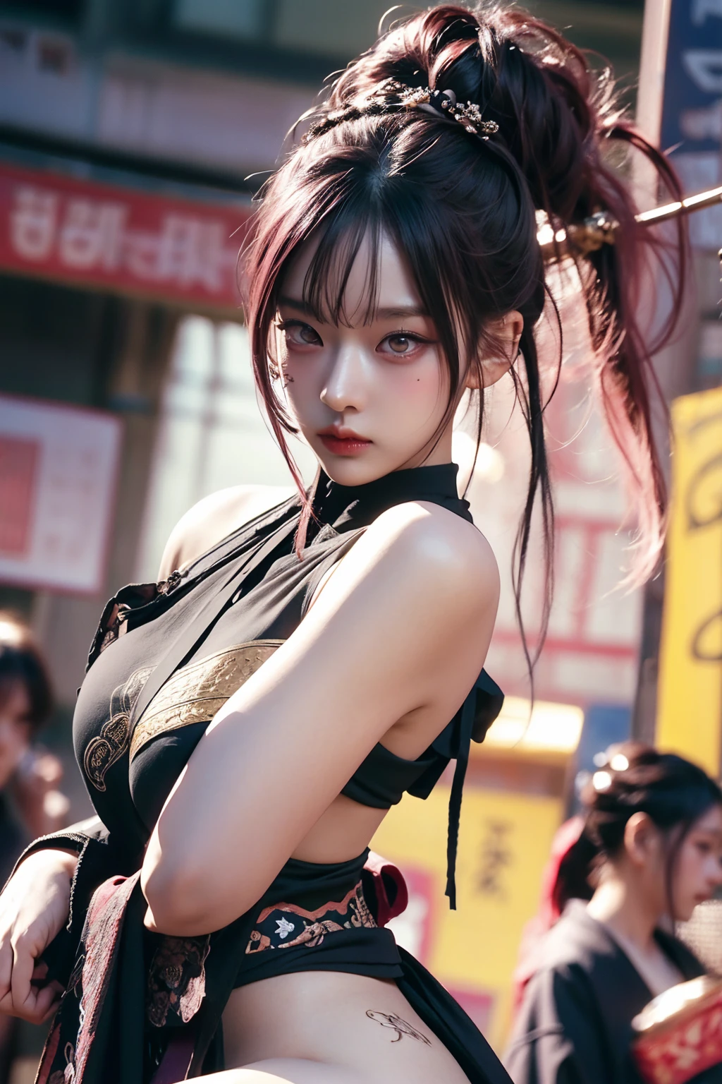 warrior goddess, otherworldly, sexy young woman with gigantic breasts, beautiful golden eyes, intense gaze, wuxia, masterpiece, smug, smirking, pale skin, asura clan, extremely voluptuous, black-pink gradient hair, long ponytail, straight bangs, blunt bangs, facial expression, black eye liner, face focus, dark eyeshadow, prominent brows, tall nose, extremely enormous breasts, narrow waist, very wide hips, thick thighs, huge ass, fantasy, bare shoulders, bandeau top, silk ancient chinese clothing, huge thighs, highly detailed face, black nails, toned, abs, 超High resolution,Textured skin, Super detailed, Detailed, high quality, 最high quality, High resolution, 8K, raytracing, extremely gorgeous, korean aesthetics