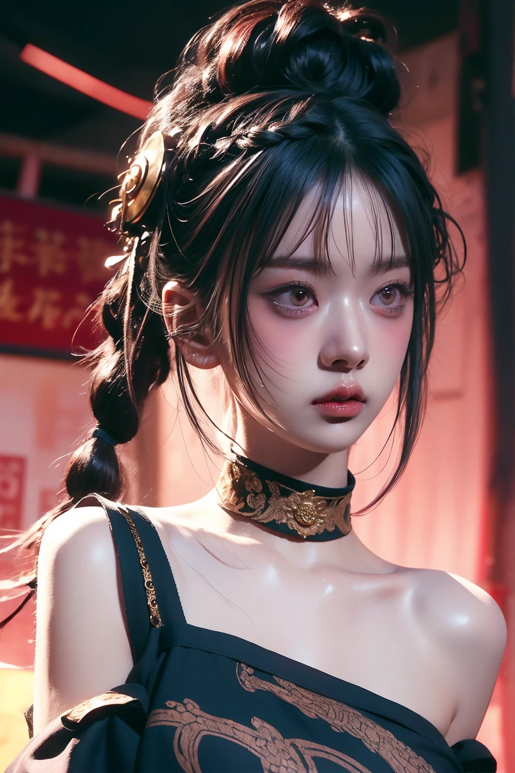 warrior goddess, otherworldly, sexy young woman with gigantic breasts, beautiful golden eyes, intense gaze, wuxia, masterpiece, smug, smirking, pale skin, asura clan, extremely voluptuous, black-pink gradient hair, long ponytail, straight bangs, blunt bangs, facial expression, black eye liner, face focus, dark eyeshadow, prominent brows, tall nose, extremely enormous breasts, narrow waist, very wide hips, thick thighs, huge ass, fantasy, bare shoulders, bandeau top, silk ancient chinese clothing, huge thighs, highly detailed face, black nails, toned, abs, 超High resolution,Textured skin, Super detailed, Detailed, high quality, 最high quality, High resolution, 8K, raytracing, extremely gorgeous, korean aesthetics