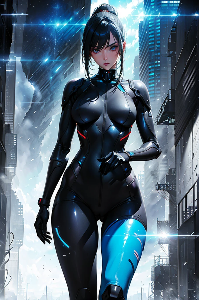 (((from face to the waist:1. 3)), (((beauty slim shape)))) best quality, hyperrealistic masterpiece, astonish anime beauty gray tight cyberpunk mech plugsuit superheroine, portrait photorealist, perfect and realist skin, glowing sharp vivid colors eyes, HDR, 4k