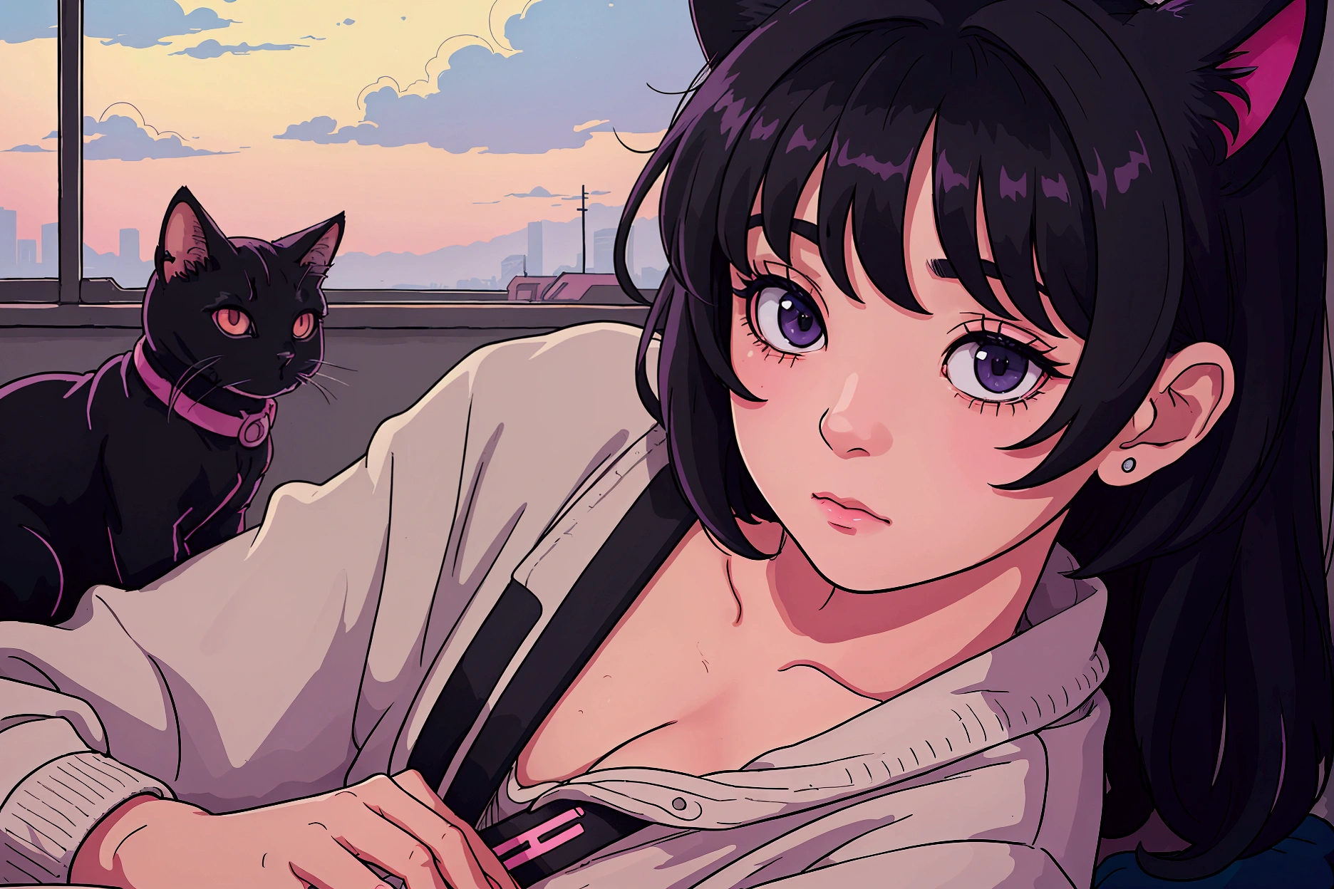 A girl with short black hair and cat ears, wearing dark clothes,with shiny hair with a relaxing atmosphere. She is a little further away, with a view of her from the waist up, listening to music, and the detailed and vibrant colors, reflecting an 80s and 90s anime aesthetic, mixed with a touch of Fujifilm aesthetics. The girl has beautiful eyes, and the entire composition is in 4K, capturing the lofi aesthetic with a soft and tranquil atmosphere.