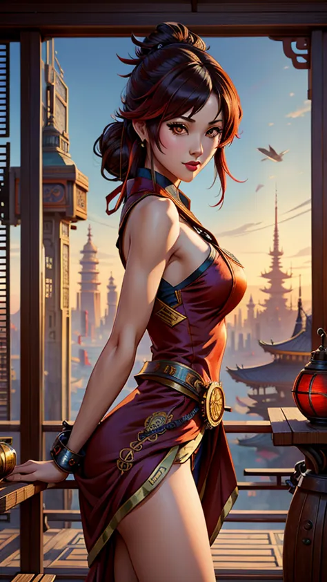 (best quality), girl,oriental detailed background, oriental cityscape, steampunk, miko