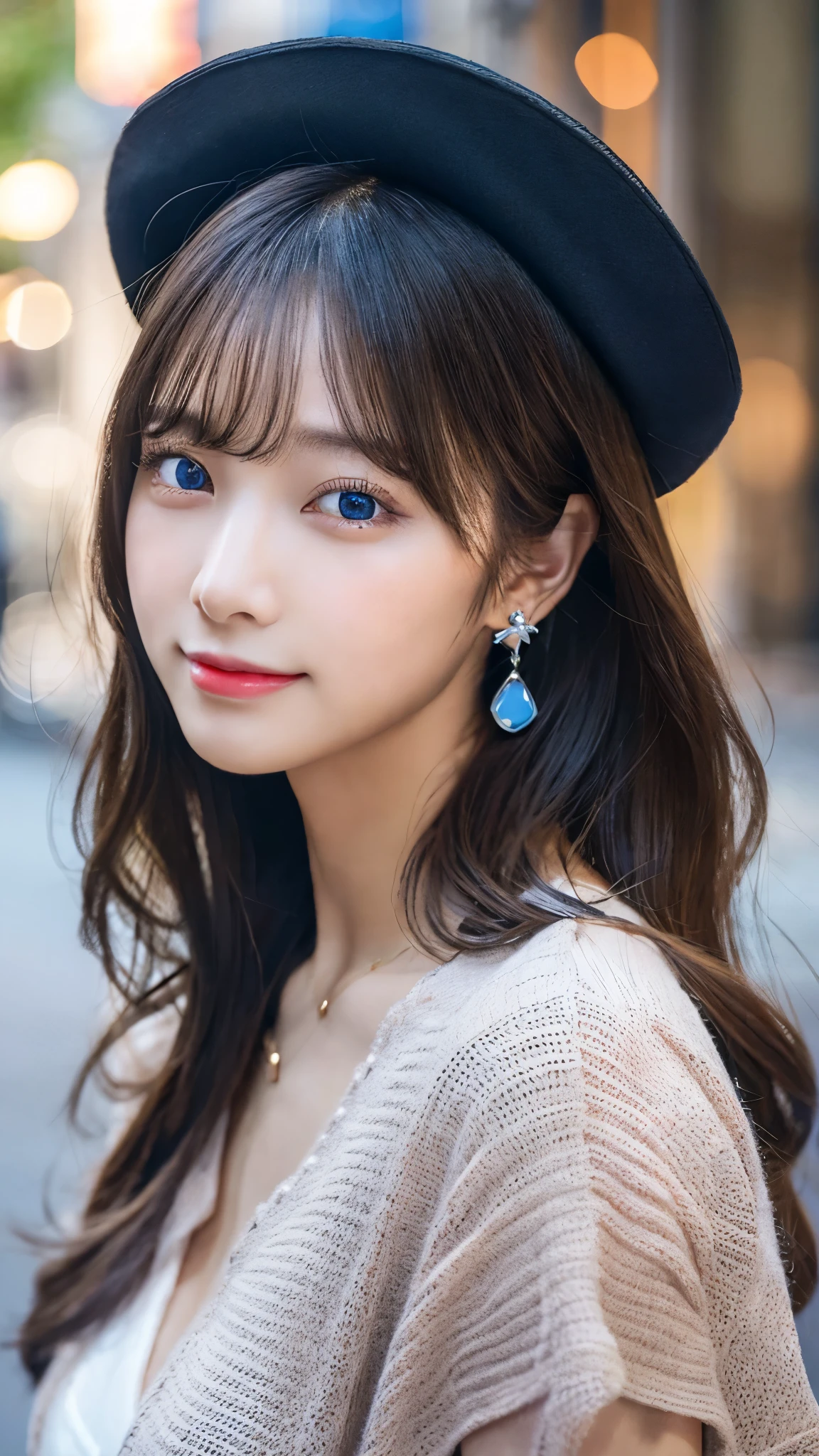 （３２hair,High resolution,Attention to detail,High resolution,high density,alone,In addition：1.3）,（A realistic person々,Live Action,fine grain,High resolutionの目,Beautiful Eyes,Eyes that look alive,Beautiful dark blue eyes,Fishing eyes,Detailed lips,Translucent white skin,Realistic face in every detail：1.3）,（Japanese Ido,hairorean Idols,Japanese Model,hairorean models,hairorean hair-Pop Female Idols：1.2）,（blush,Natural Makeup,necklace,Earrings,へそEarrings：1.4）（Shorts、Oversized mesh cardigan、Leather boots,hairnitted hats,Mode Style, Beautiful casual look：1.6）,（Shapely breasts：1.5）,（Young but very beautiful hairorean１ ,smile、Fashion Leader,Fashion Model,Soft Skin,Her eyes are so beautiful,I want to go to the Paris Collection.........,Cutting-edge fashion：1.6、Left eye is red、Right eye blue、Face close-up