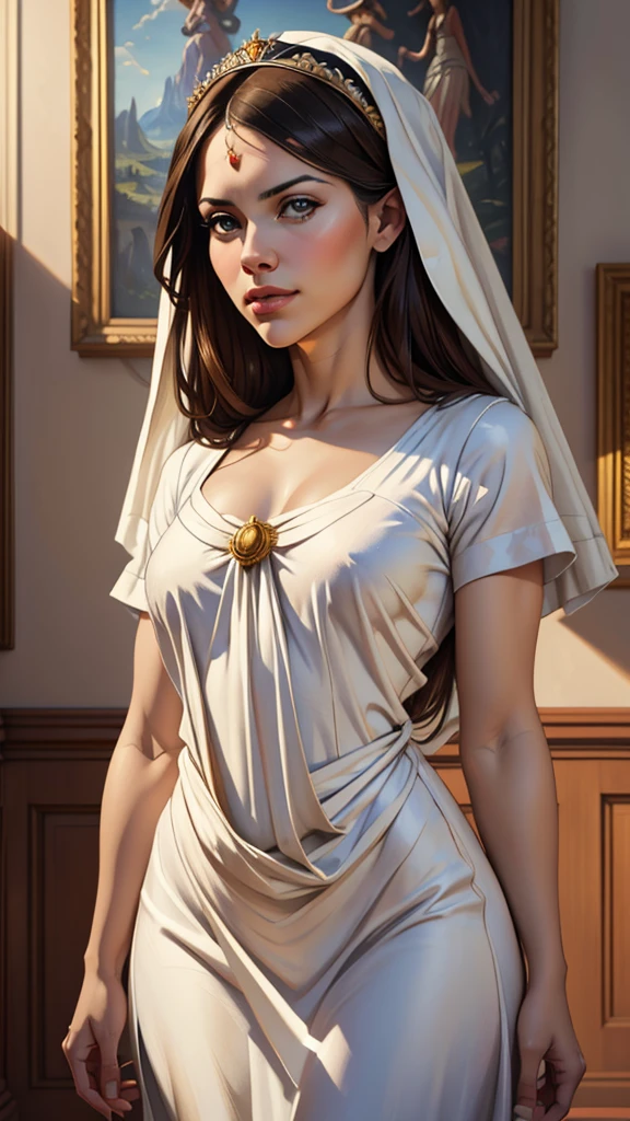 A beautiful ultra-thin realistic portrait of the Virgin Mary, white outfit with blue details, ((divinity)), full body, biblical, realistic, intricate details, by Abbott Fuller Graves, Bartolome Esteban Murillo, Jc Leyendecker, Craig Mullins, Peter Paul Rubens, (Caravaggio), Trend in Artstation, 8k, Concept Art, Fantasy Art, PhotoRealistic, Realistic, Illustration, Oil Painting, Surrealism, HyperRealistic, brush brushes, Digital art, style,  watercolour