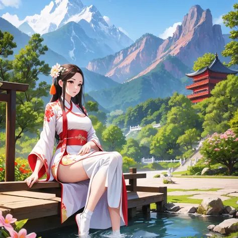 hanfu, 1 girl, medium breasts, cleveage, mountain, soaking foot, sit, chinese park background,white stockings,shimizu,(foot:1.3)...