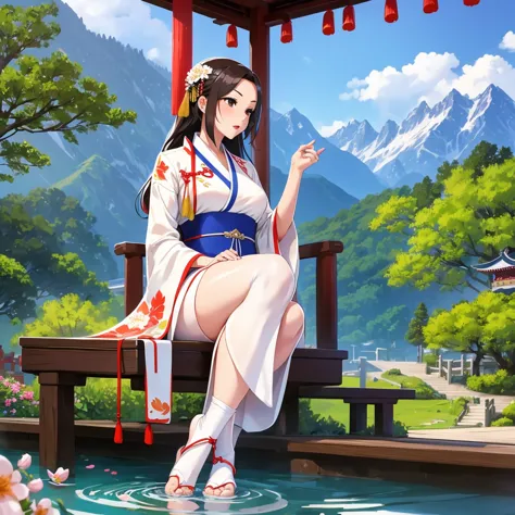 hanfu, 1 girl, medium breasts, cleveage, mountain, soaking foot, sit, chinese park background,white stockings,shimizu,(foot:1.3)...