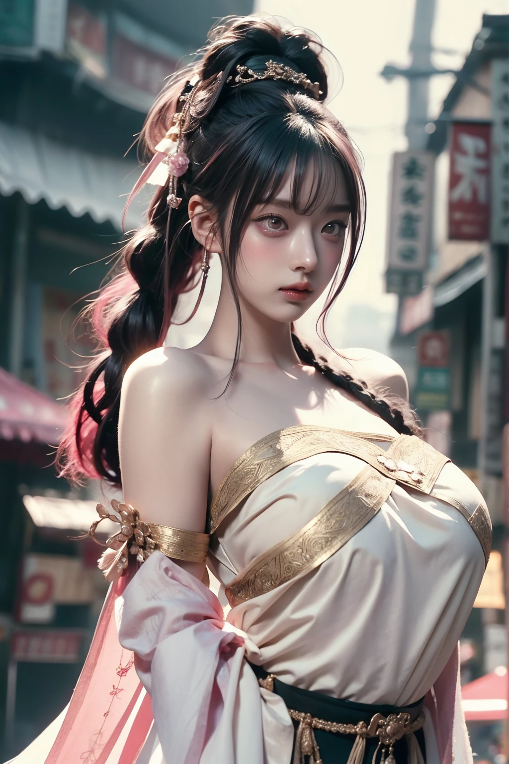 warrior goddess, otherworldly, sexy young woman with gigantic breasts, beautiful golden eyes, intense gaze, wuxia, masterpiece, smug, smirking, pale skin, asura clan, extremely voluptuous, black-pink gradient hair, long ponytail, straight bangs, blunt bangs, facial expression, black eye liner, face focus, dark eyeshadow, prominent brows, tall nose, extremely enormous breasts, narrow waist, very wide hips, thick thighs, huge ass, fantasy, bare shoulders, bandeau top, silk ancient chinese clothing, huge thighs, highly detailed face, black nails, toned, abs, 超High resolution,Textured skin, Super detailed, Detailed, high quality, 最high quality, High resolution, 8K, raytracing, extremely gorgeous, korean aesthetics