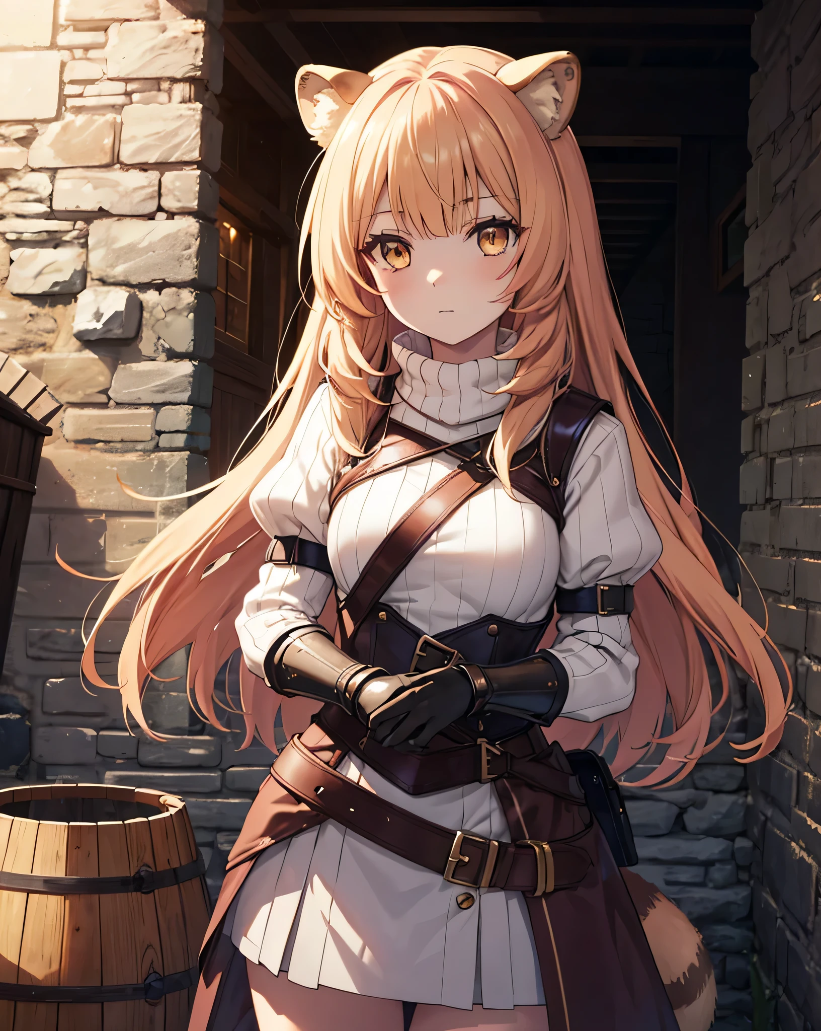 masterpiece, best quality, 1woman, 1girl, solo, 8k, natural shading, lighting, detailed fingers, detailed face, high resolution, raphtalia, long hair, bangs, yellow hair, animal ears, raccoon ears, raccoon tail, raccoon girl, yellow eyes, long sleeves, sweater, ribbed sweater, puffy sleeves, breastplate, ribbon, red ribbon, gauntlets, glove, brown gloves, belt, skirt, armor, indoor, prison cell, stone wall, barrel,