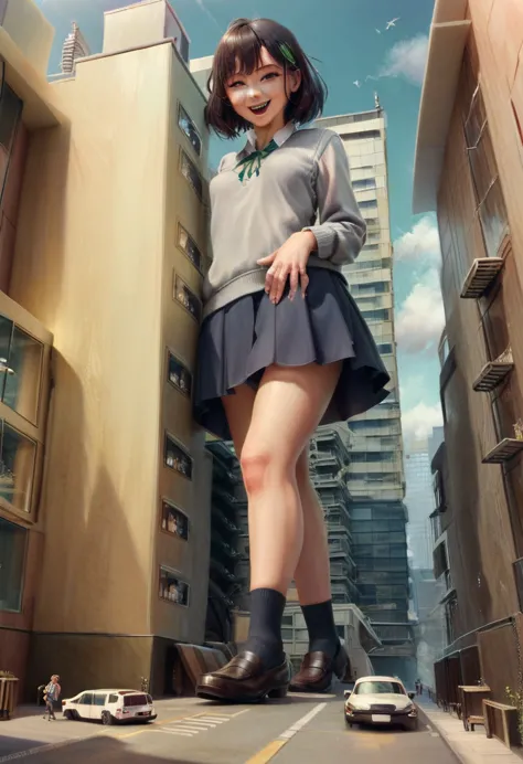 巨大なchild、super giant girl、child、girl、giantess、realistic、japanese women、navy blue grey sweater、navy skirt、green ribbon、brown loaf...