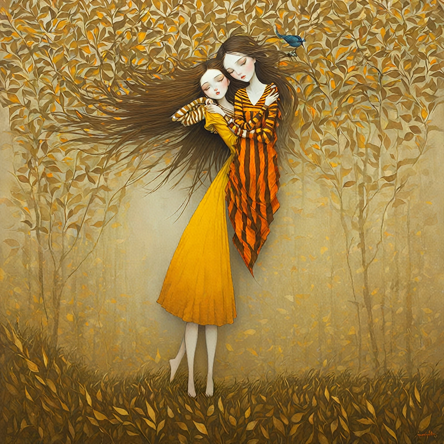 patchwork based on Esao Andrews, Harry Clark, Michael Parkes, Gustav Klimt, straight hair, long brown hair, patterned yellow and orange dress, Striped sleeves, natural pose, Standing position, look forward to, Smooth skin, stylized artistic background, abstract natural elements, birds, leaves, earthy tones, even lighting, Bestenevoy, calm and intriguing atmosphere, foreground, balanced exposure.