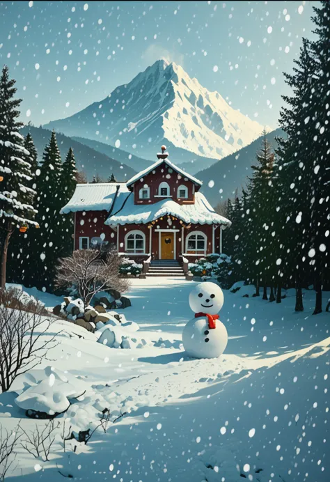 _modelshooting style, bangchan happily makes a snowman with olive eyes, background with one house, snowy mountains background, s...