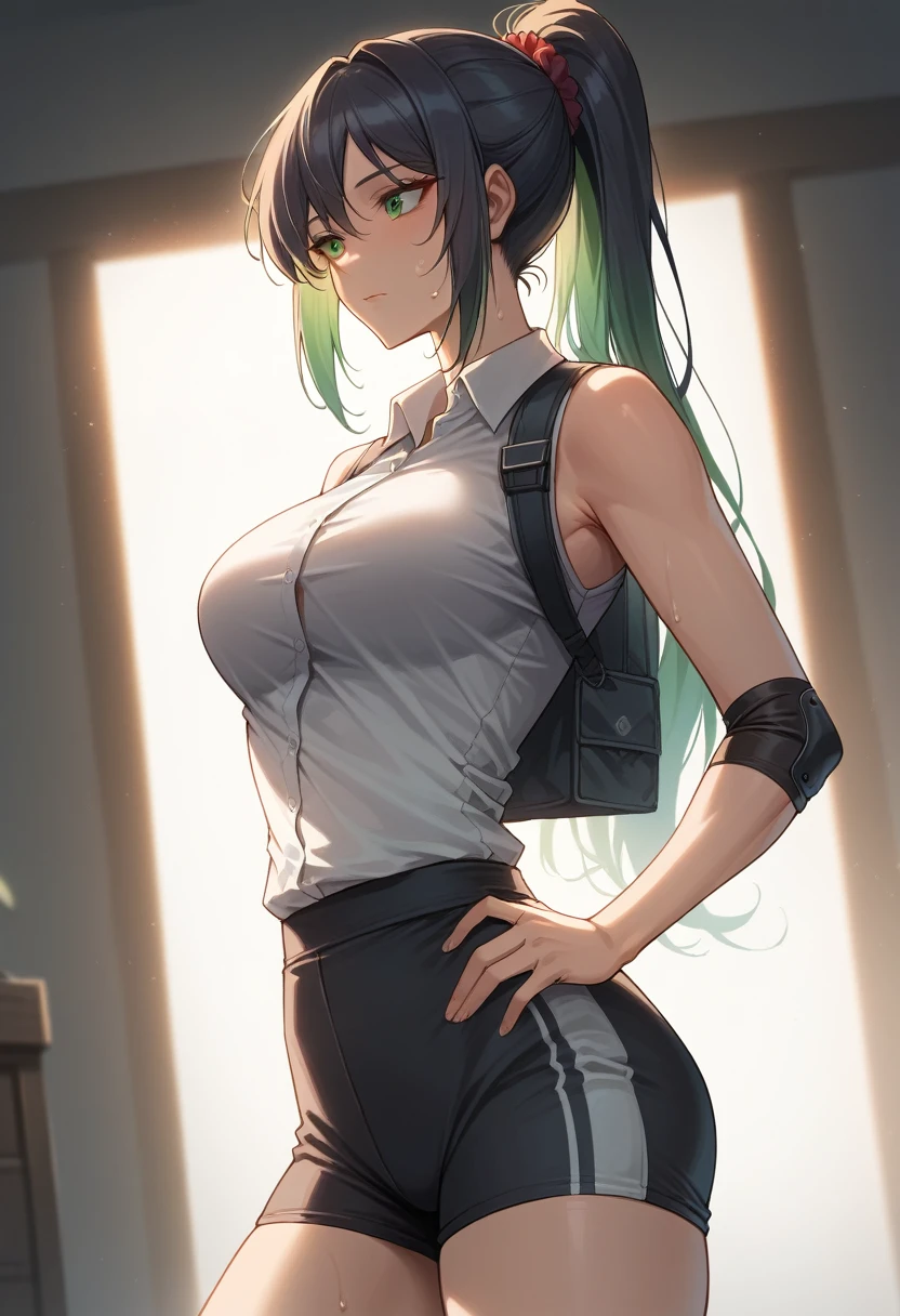 highres, highest quallity, illustration, cinematic light, dramatic shading, night days, good lighting, volumetric lighting, backlighting, light rays, green eyes, Black long hair, gradient hair, High Ponytail, red_scrunchie, (highres:1.0), solo, perfect body, medium breasts, curvy body, beautiful face, Expressionless, look away, Adult woman, sweat, best perfect anatomy, thin, ray of light through hair, close up shot on person, close up shot on person, mature woman dynamic poses, White Volleyball Vest, black elbow pads, Finger Band-Aid, Number 22 shirt, slim fit, grey racing shorts, perfect dynamic composition, foreshortening, white background,