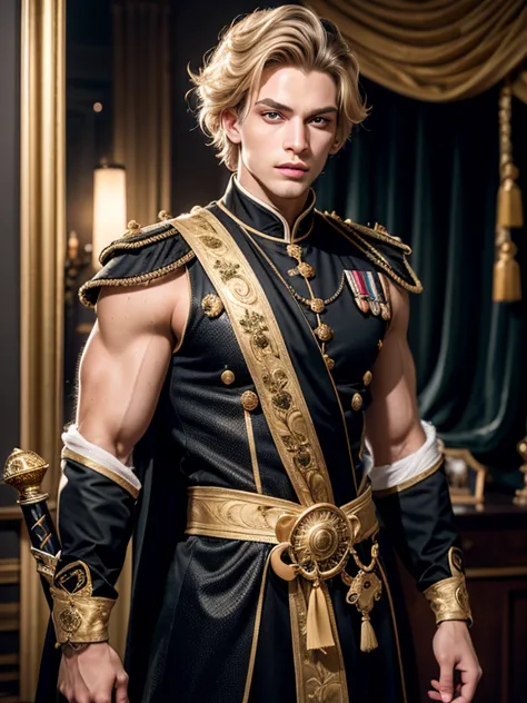 a surprisingly handsome young man - a prince in a black and gold robe . crown on head , sword on the belt! excellent arm and che...