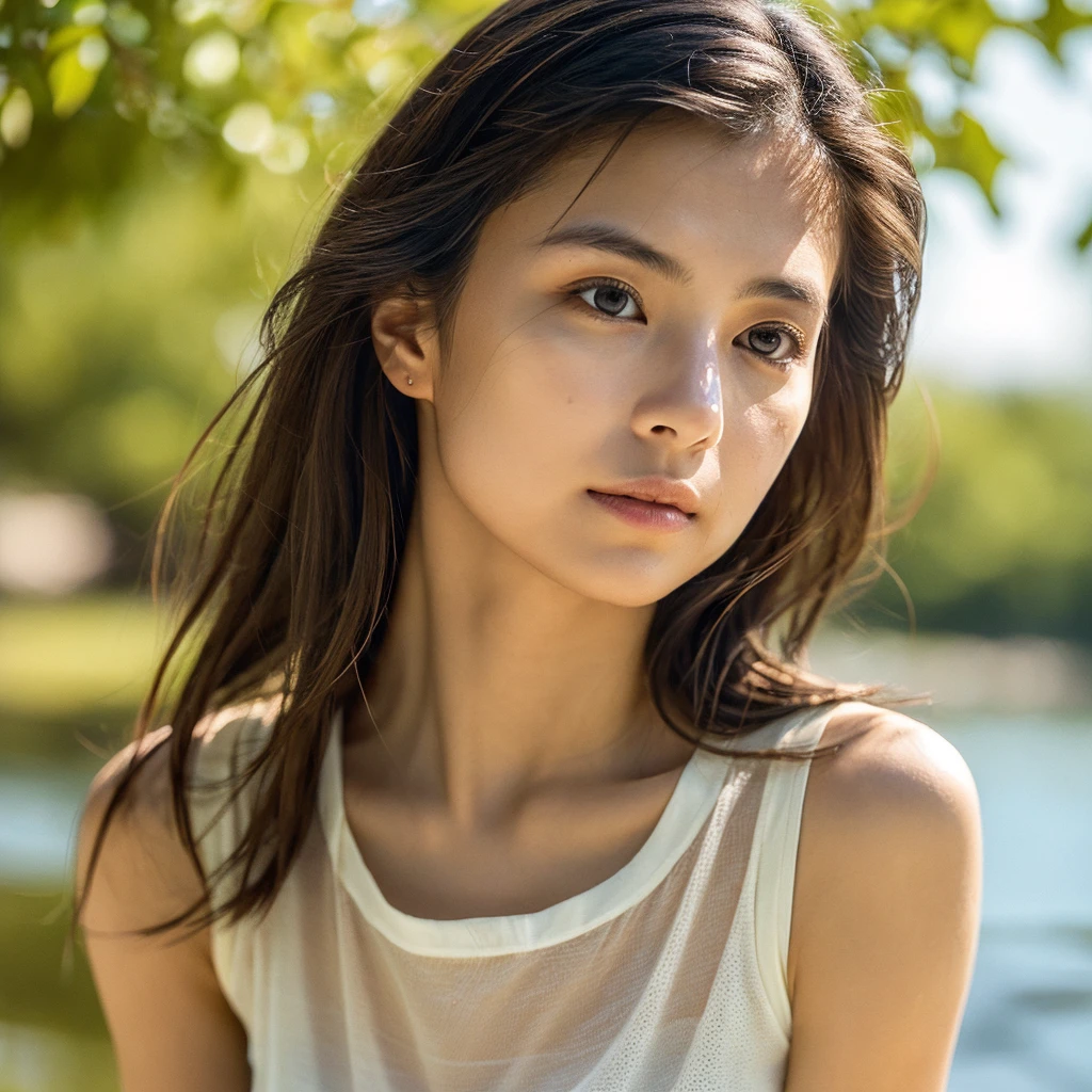 A hyper-realistic image of a single Japanese woman in her early 20s, captured with the nostalgic warmth and pronounced graininess of a film camera. She is shown from the shoulders up, with a variety of hairstyles such as straight, wavy, or lightly tousled hair, each catching the light in a natural, dynamic way. Her skin has a darker, olive-beige tone with a noticeably rough texture, showing enlarged visible pores, fine lines, small blemishes, light scarring, and uneven patches of color such as subtle redness, slight dark spots, and natural discoloration around the cheeks, forehead, and nose. The texture is further enhanced by areas of slight oiliness and visible dryness, particularly around the nose and lips, creating an unrefined, authentic appearance. The light is soft and diffused, casting subtle shadows under her cheekbones and along the sides of her nose, adding depth and contour. She is dressed in a variety of summer clothing styles, like a light, sleeveless dress, a casual T-shirt, or a delicate blouse, each reflecting the relaxed ambiance of a warm day by the river. The background features a softly flowing river, with subdued natural light reflecting off the water’s surface, contributing to a calm, natural setting. The muted natural light and film grain effect add a sense of realism, highlighting the rough and varied texture of her skin without over-brightening it. Her deep brown eyes reflect the low, ambient light, adding depth and emotion. The composition captures a raw, unfiltered beauty, emphasizing natural imperfections and a darker skin tone that convey a true-to-life appearance.