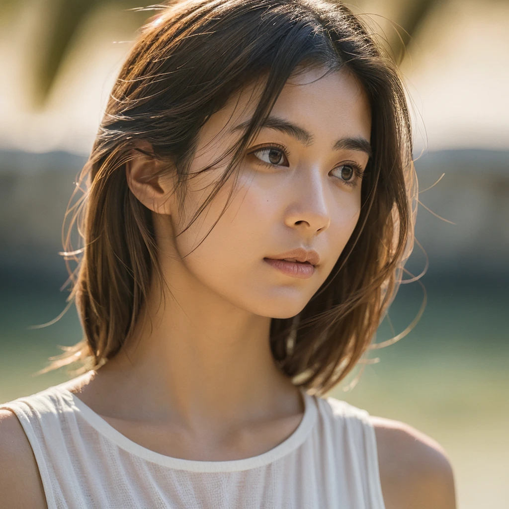 A hyper-realistic image of a single Japanese woman in her early 20s, captured with the nostalgic warmth and pronounced graininess of a film camera. She is shown from the shoulders up, with a variety of hairstyles such as straight, wavy, or lightly tousled hair, each catching the light in a natural, dynamic way. Her skin has a darker, olive-beige tone with a noticeably rough texture, showing enlarged visible pores, fine lines, small blemishes, light scarring, and uneven patches of color such as subtle redness, slight dark spots, and natural discoloration around the cheeks, forehead, and nose. The texture is further enhanced by areas of slight oiliness and visible dryness, particularly around the nose and lips, creating an unrefined, authentic appearance. The light is soft and diffused, casting subtle shadows under her cheekbones and along the sides of her nose, adding depth and contour. She is dressed in a variety of summer clothing styles, like a light, sleeveless dress, a casual T-shirt, or a delicate blouse, each reflecting the relaxed ambiance of a warm day by the river. The background features a softly flowing river, with subdued natural light reflecting off the water’s surface, contributing to a calm, natural setting. The muted natural light and film grain effect add a sense of realism, highlighting the rough and varied texture of her skin without over-brightening it. Her deep brown eyes reflect the low, ambient light, adding depth and emotion. The composition captures a raw, unfiltered beauty, emphasizing natural imperfections and a darker skin tone that convey a true-to-life appearance.