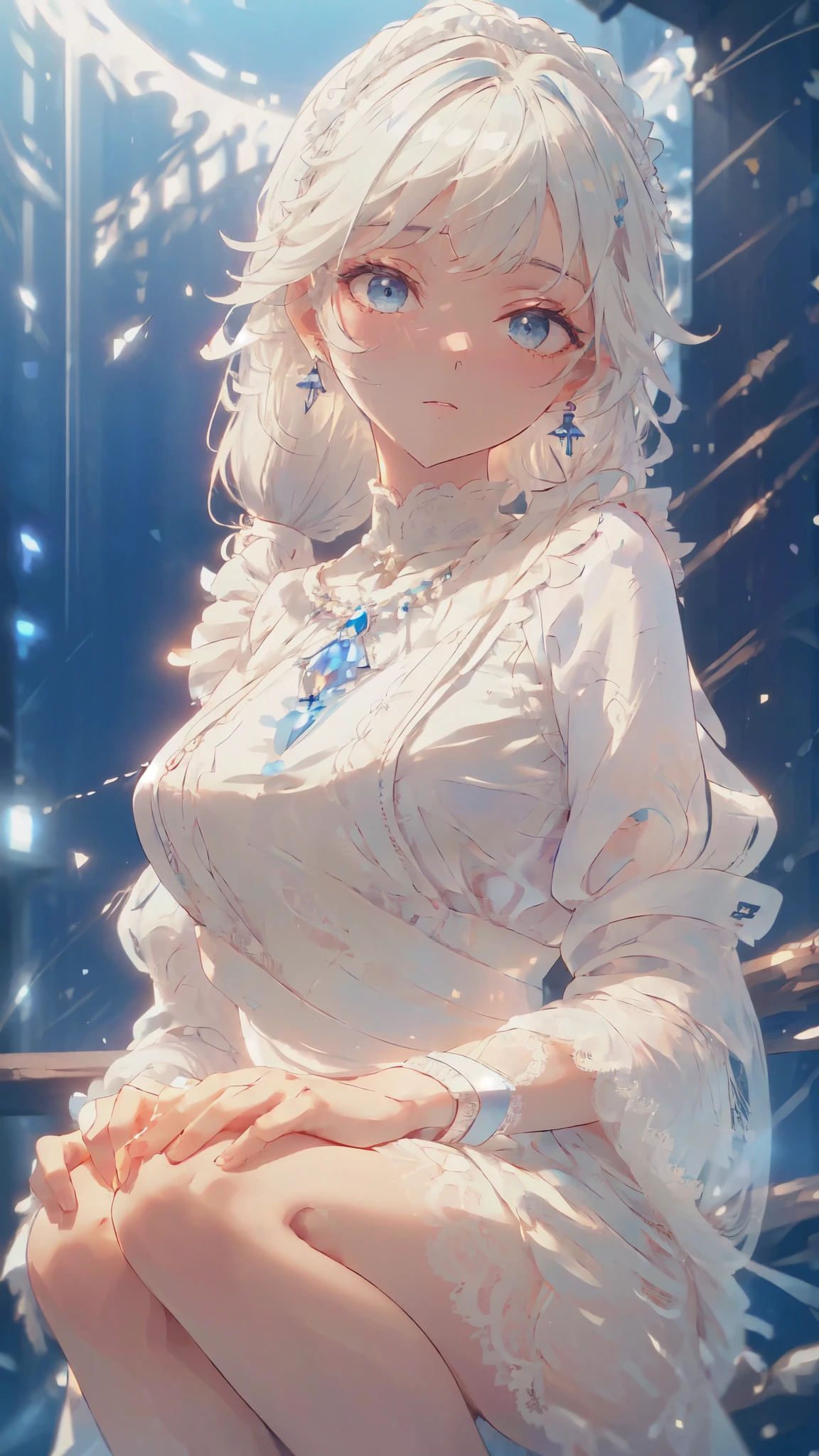 ((sfw: 1.4)), ( Beautiful white glowing skin, incomparable beauty, bright, fresh, gentle expression, perfect beautiful cute face, shiny platinum blonde silk super long straight hair, beautiful shiny bangs, eyeliner, big clear sky blue eyes,, earrings), (sfw, She is wearing a long white embroidered skirt, a red blouse with lace, a white apron tied around her waist, blue socks, and brown leather shoes. A blue scarf is on her head. Yes, her accessories include necklaces, earrings, and bracelets. 1 Girl)), Ultra High Resolution, (Realistic: 1.4), RAW Photo, Best Quality, (Photorealistic Stick), Focus, Soft Light, (()), (( (young face))), (surface), (depth of field), masterpiece, (realistic), woman, bangs, ((1 girl)),  