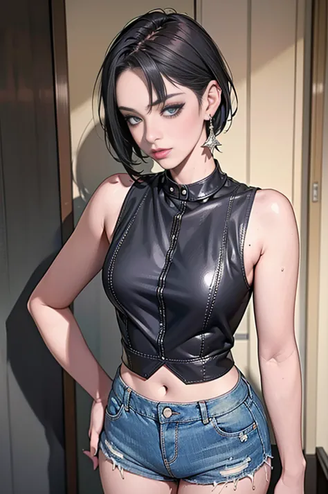 1，black short hair，photorealism，detailed，masterpiece， (lean), young girls，denim shorts、dark vest，1，aldult, (punk girl)，earrings、...