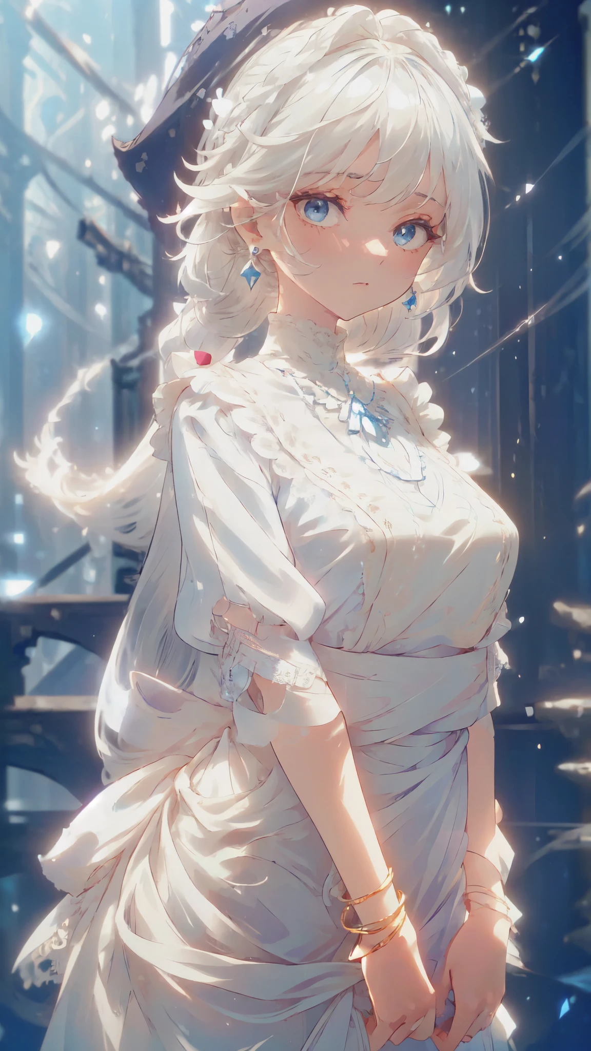 ((sfw: 1.4)), ( Beautiful white glowing skin, incomparable beauty, bright, fresh, gentle expression, perfect beautiful cute face, shiny platinum blonde silk super long straight hair, beautiful shiny bangs, eyeliner, big clear sky blue eyes,, earrings), (sfw, She is wearing a long white embroidered skirt, a red blouse with lace, a white apron tied around her waist, blue socks, and brown leather shoes. A blue scarf is on her head. Yes, her accessories include necklaces, earrings, and bracelets. 1 Girl)), Ultra High Resolution, (Realistic: 1.4), RAW Photo, Best Quality, (Photorealistic Stick), Focus, Soft Light, (()), (( (young face))), (surface), (depth of field), masterpiece, (realistic), woman, bangs, ((1 girl)),  